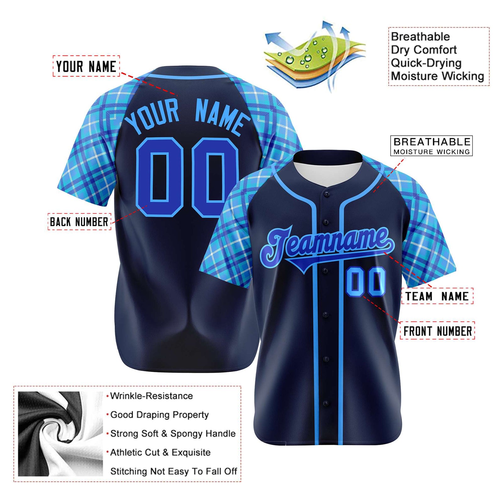 Custom Navy Purple-Blue Authentic Plaid sleeve Baseball Jersey
