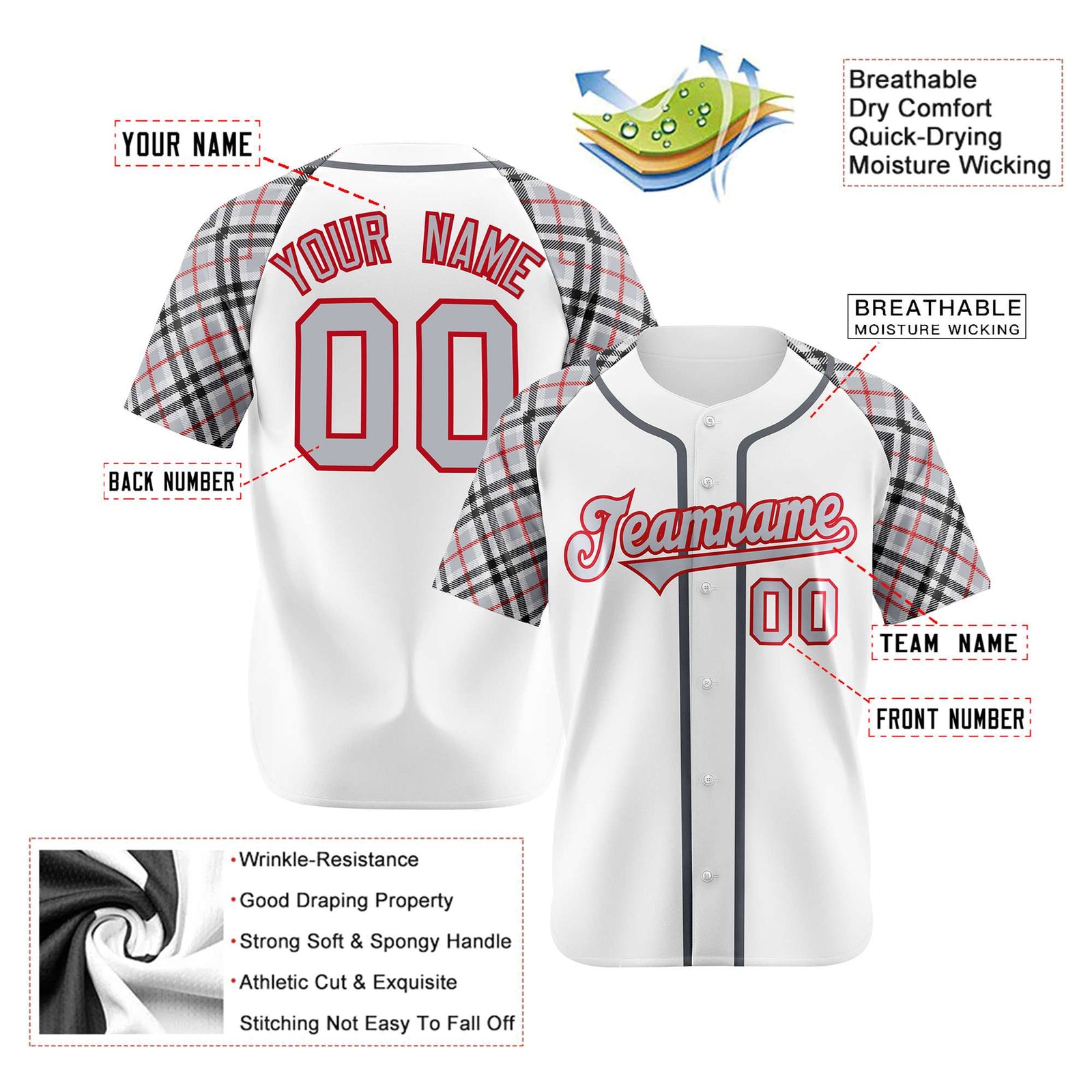 Custom White Gray-Red Black Authentic Plaid sleeve Baseball Jersey