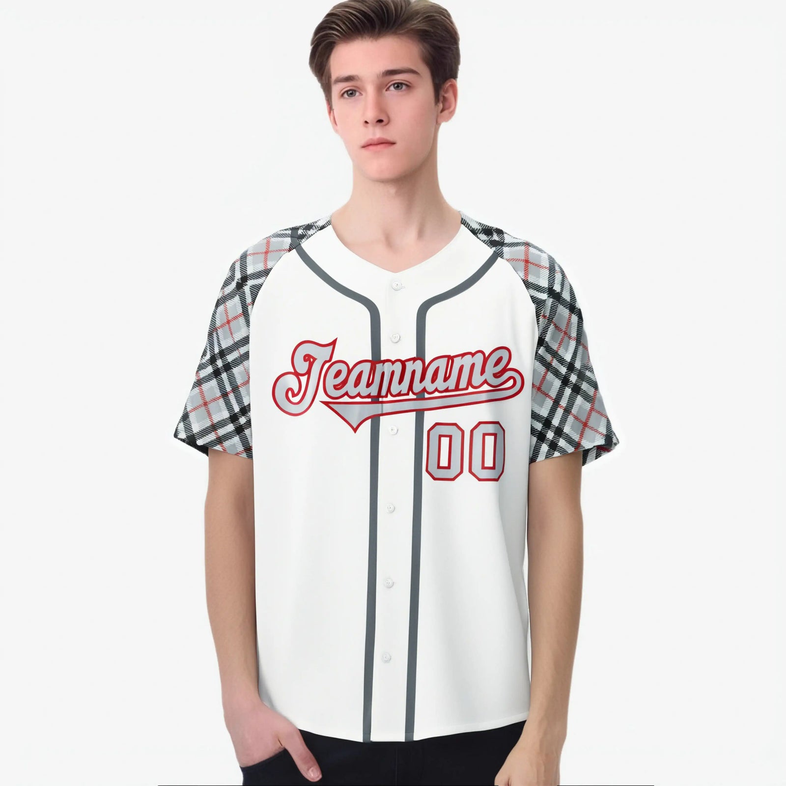 Custom White Gray-Red Black Authentic Plaid sleeve Baseball Jersey
