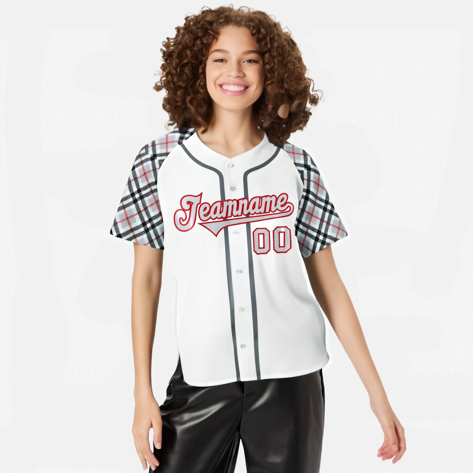 Custom White Gray-Red Black Authentic Plaid sleeve Baseball Jersey