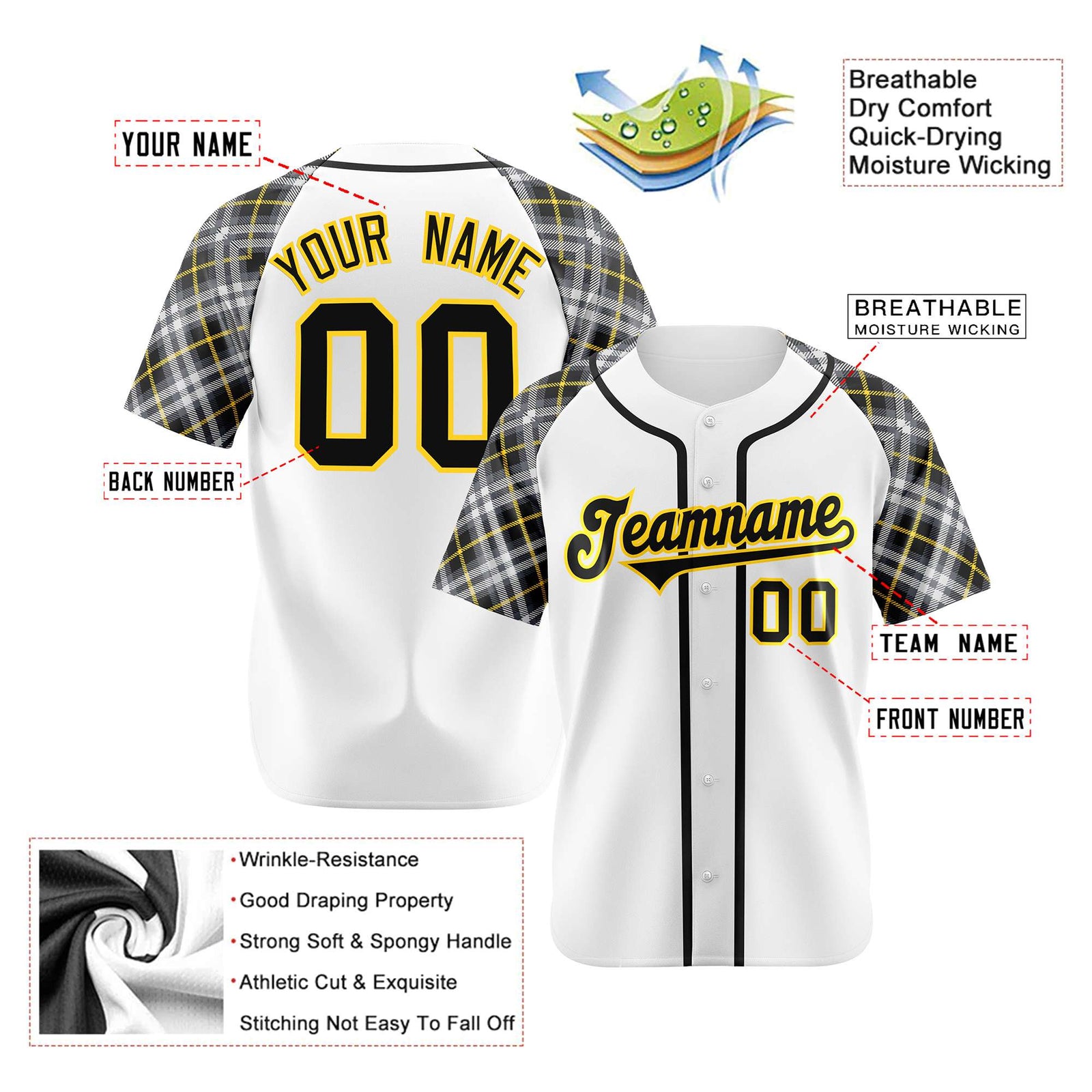 Custom White Gold-Black Authentic Plaid sleeve Baseball Jersey
