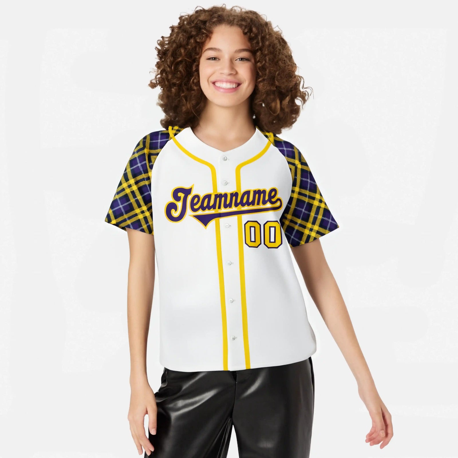 Custom White Purple-Yellow Authentic Plaid sleeve Baseball Jersey