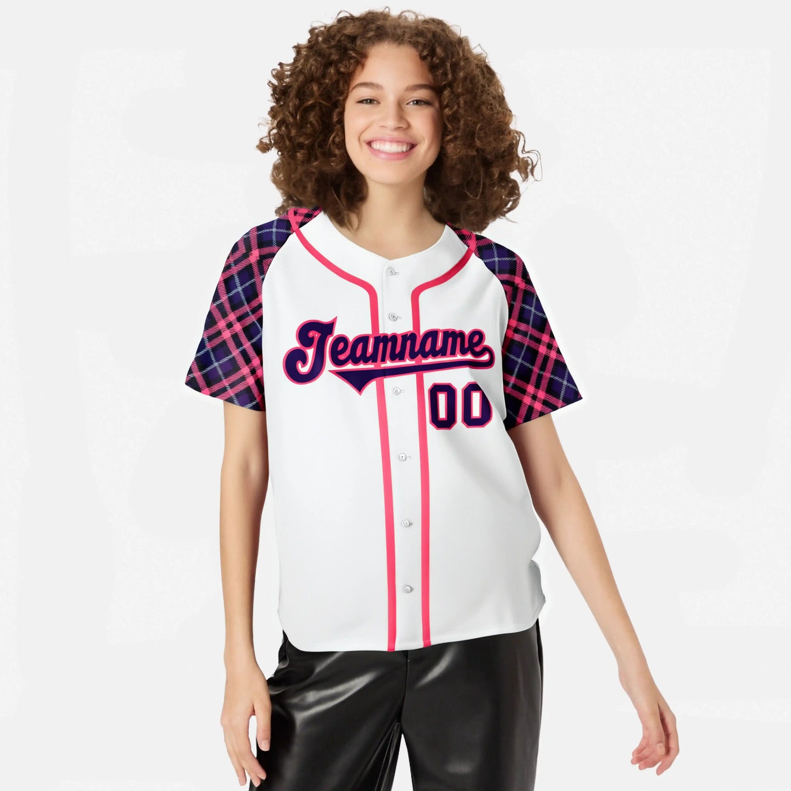 Custom White Purple-Pink Authentic Plaid sleeve Baseball Jersey
