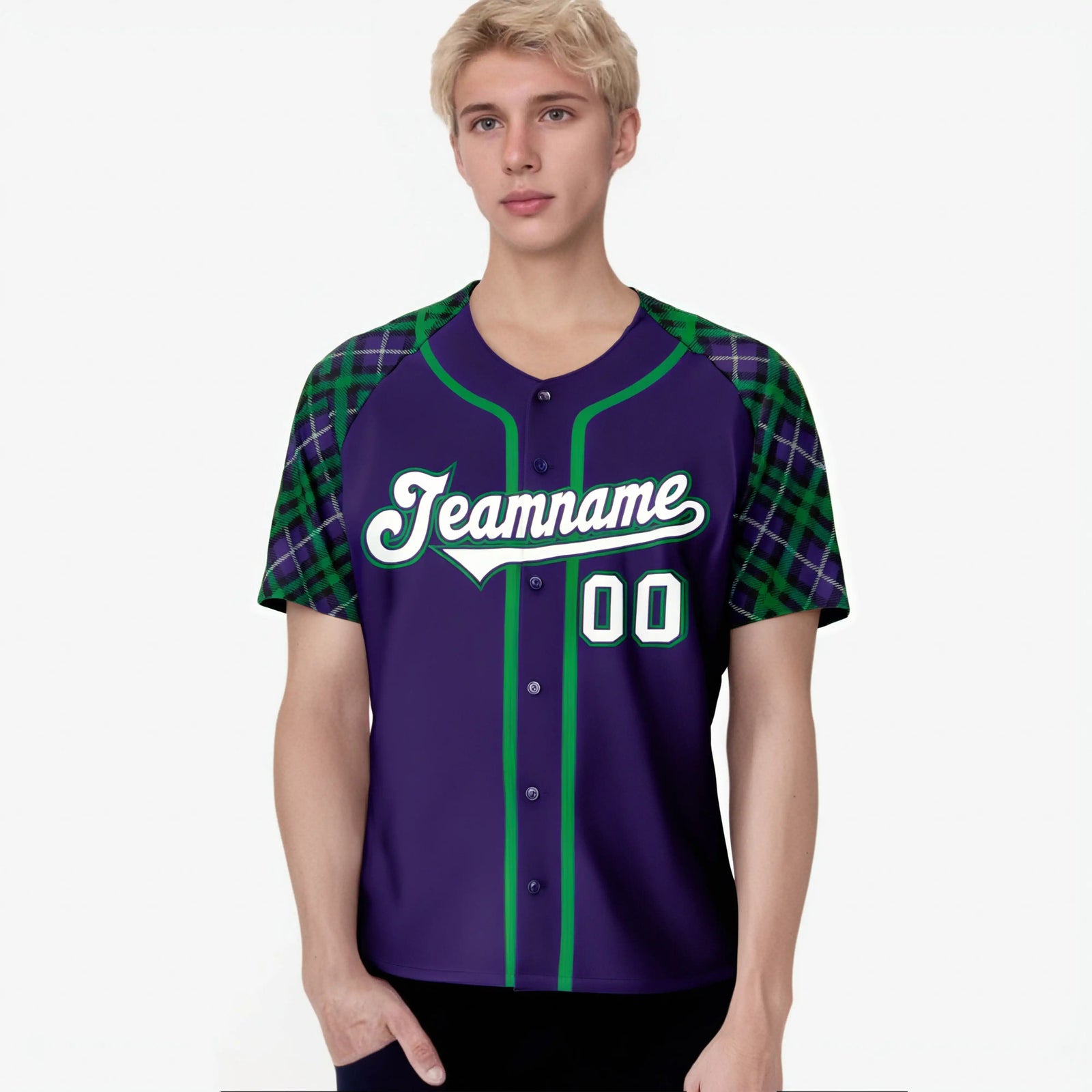 Custom Purple Green-White Authentic Plaid sleeve Baseball Jersey