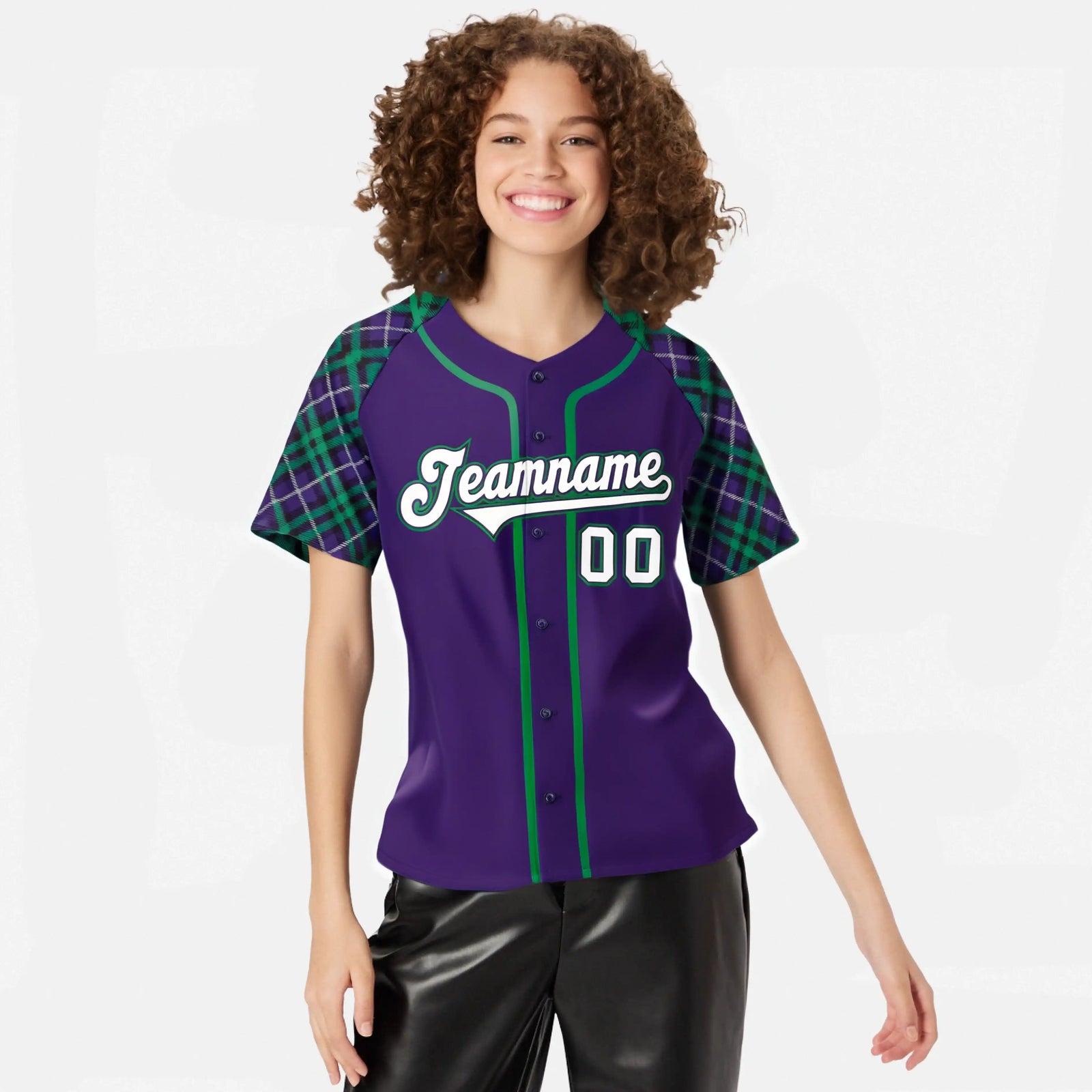 Custom Purple Green-White Authentic Plaid sleeve Baseball Jersey