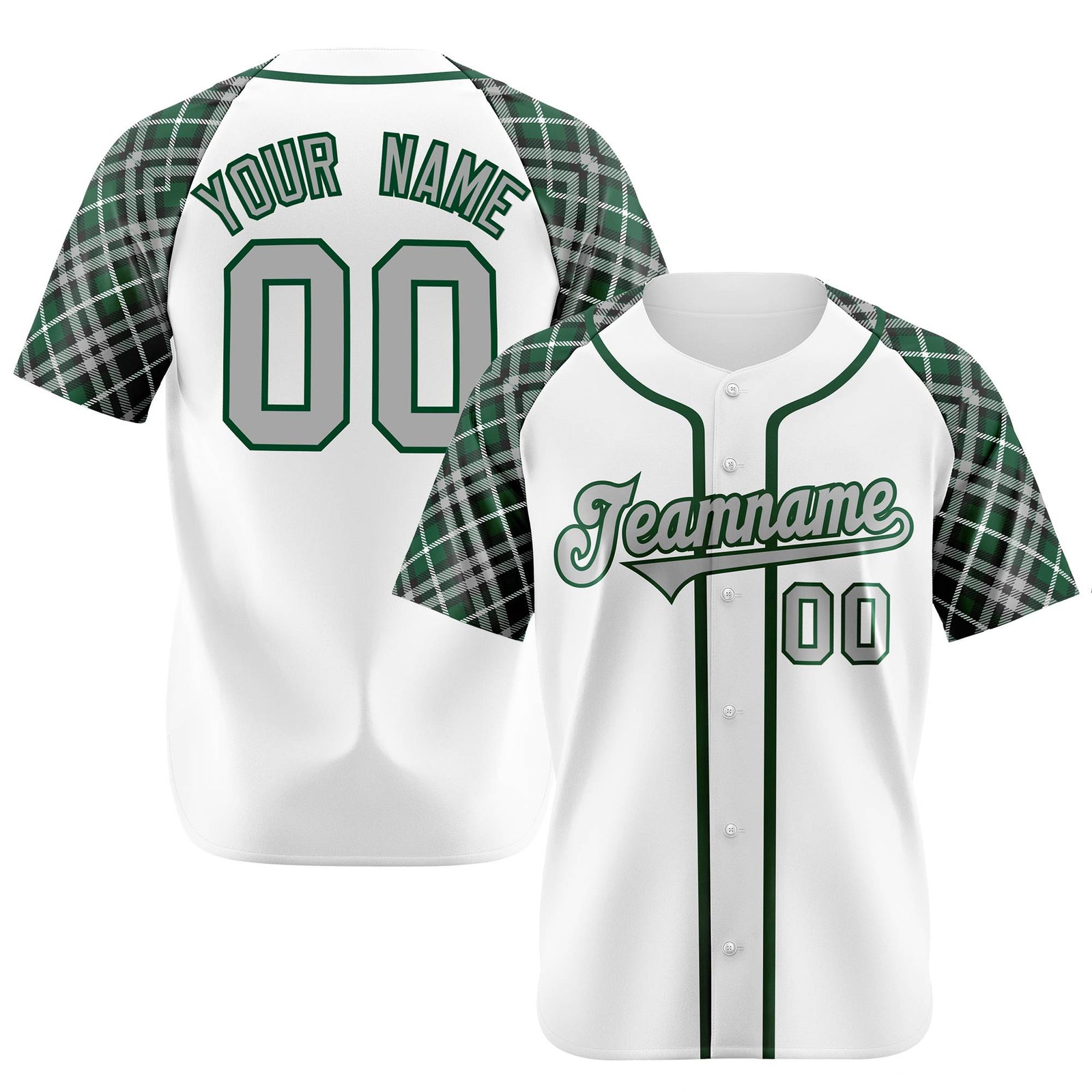 Custom White Green-Gray Authentic Plaid sleeve Baseball Jersey