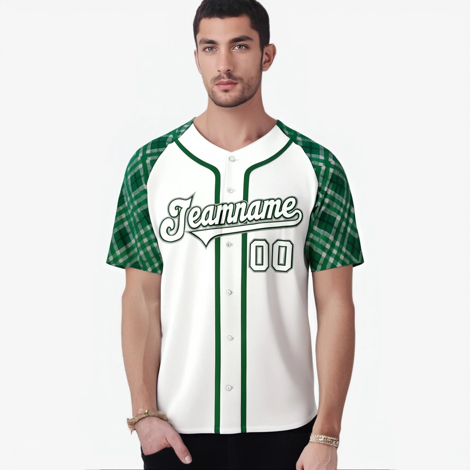 Custom White Green-White Authentic Plaid sleeve Baseball Jersey