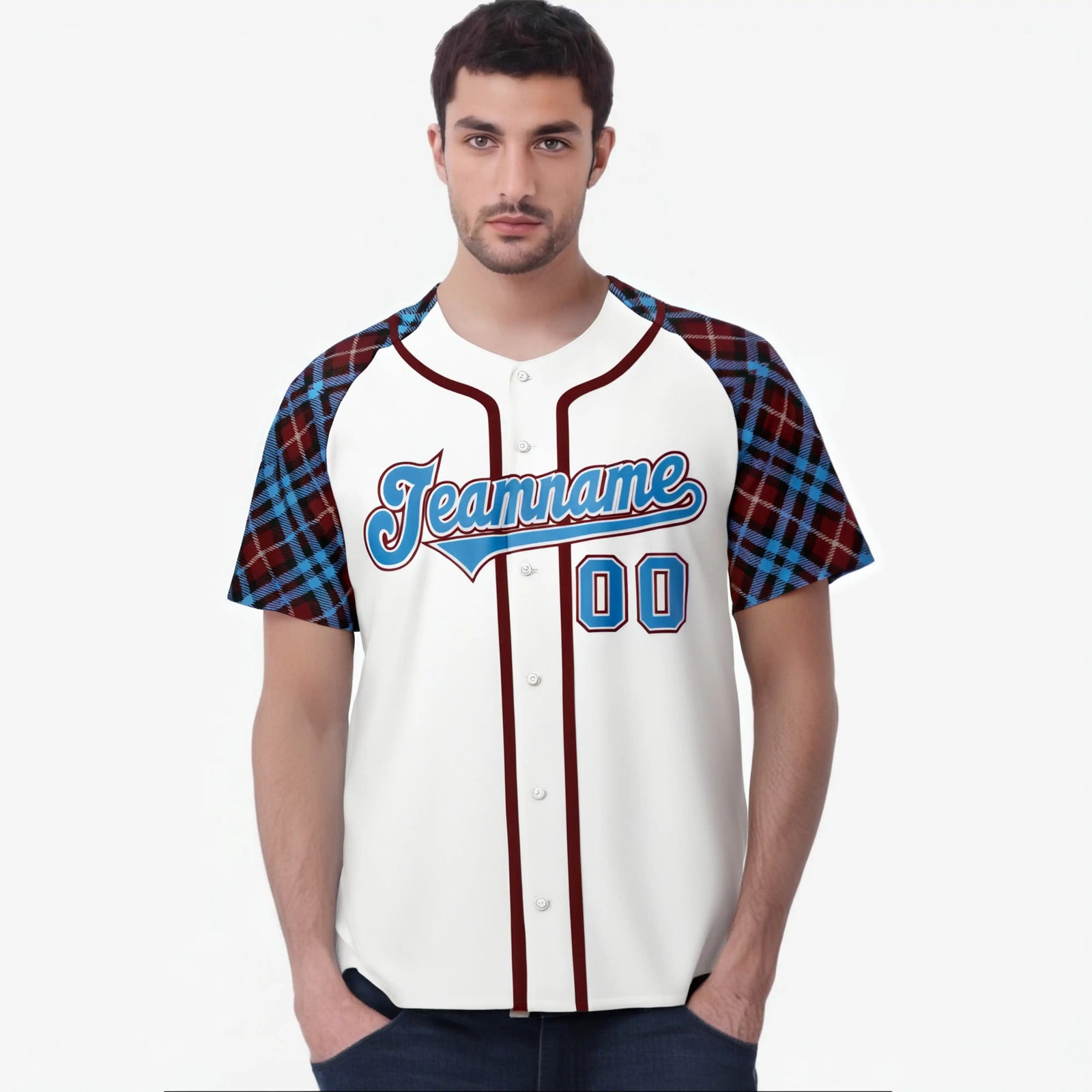 Custom White Light Blue Red Authentic Plaid sleeve Baseball Jersey