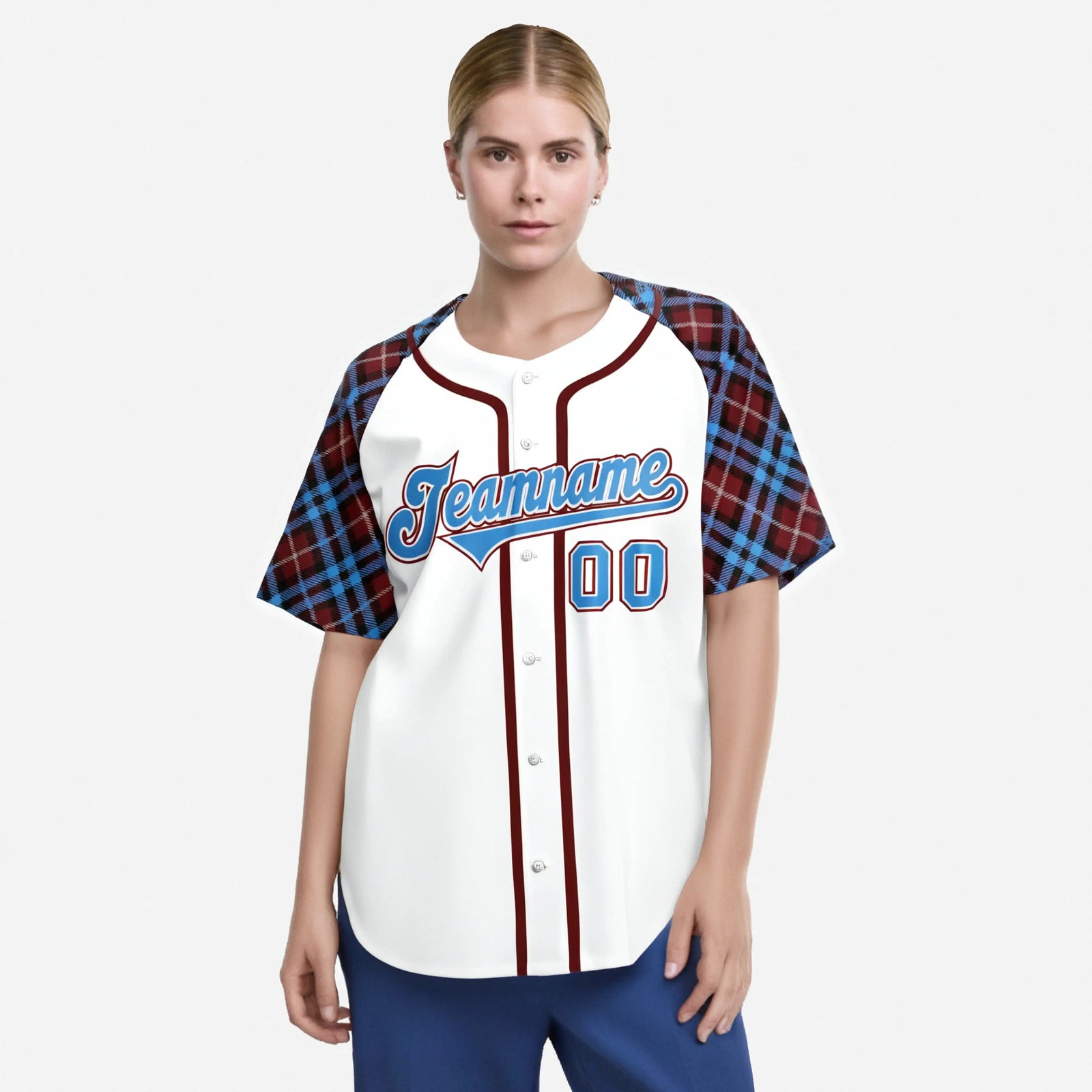 Custom White Light Blue Red Authentic Plaid sleeve Baseball Jersey