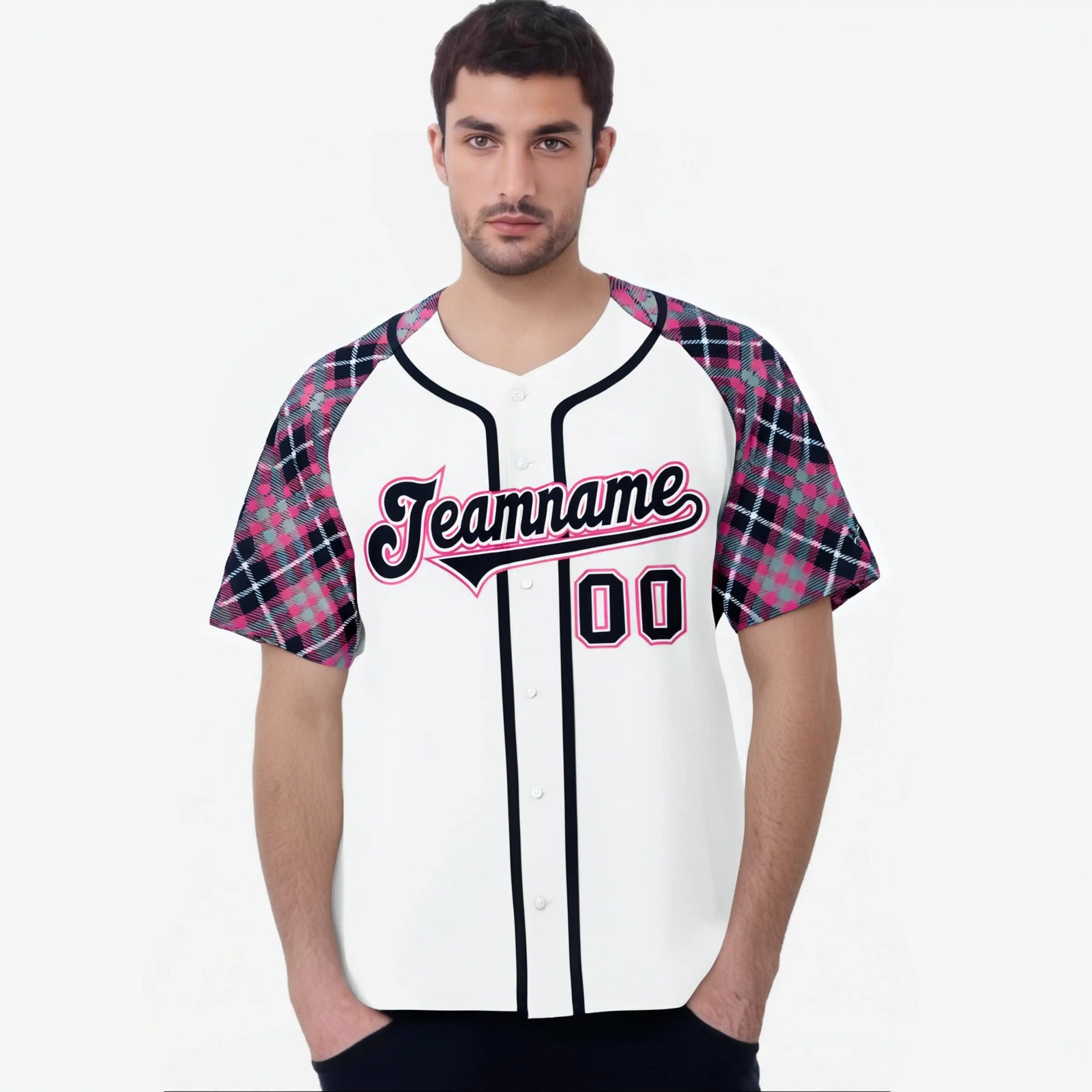 Custom White Pink-Navy Authentic Plaid sleeve Baseball Jersey