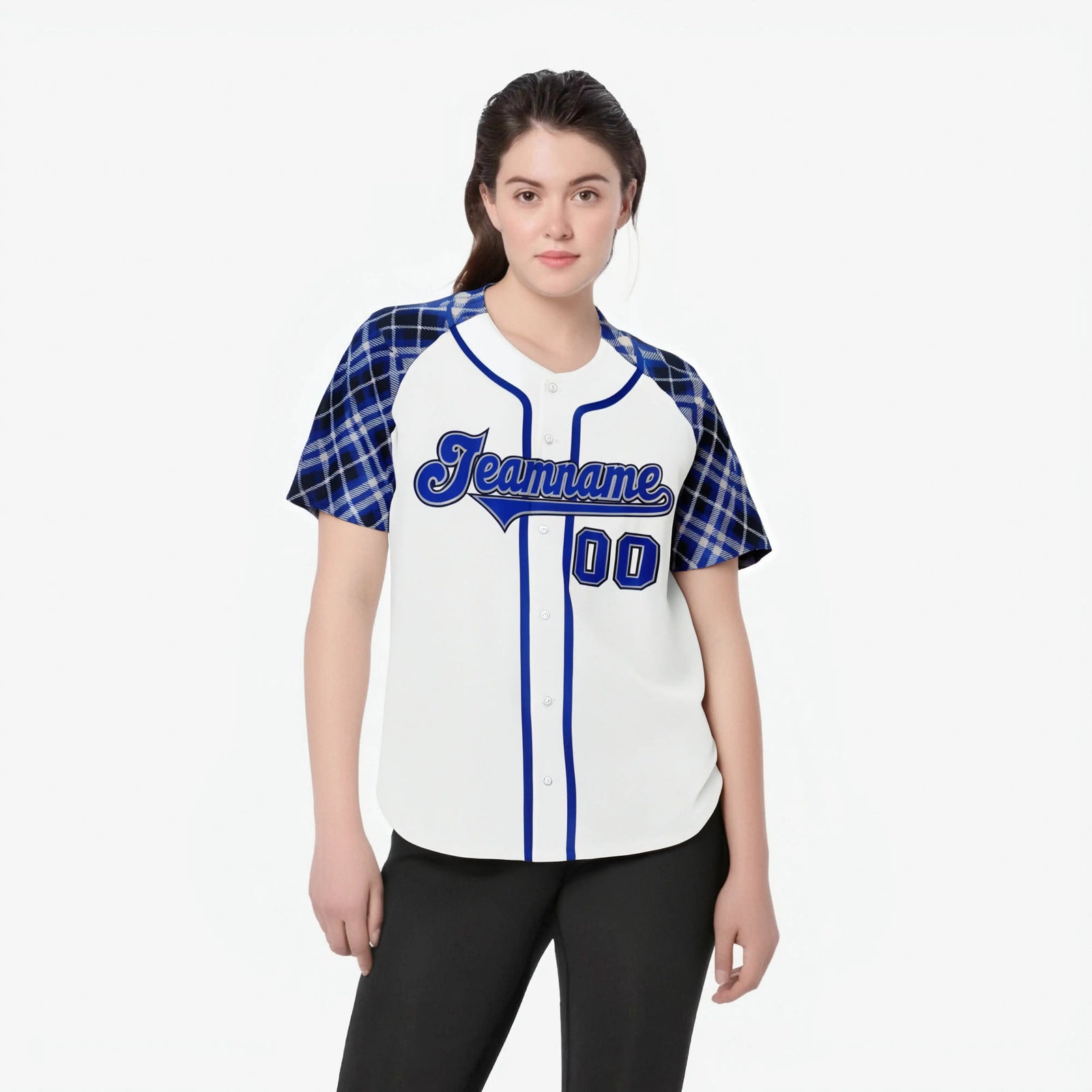 Custom White Purple-Black Authentic Plaid sleeve Baseball Jersey