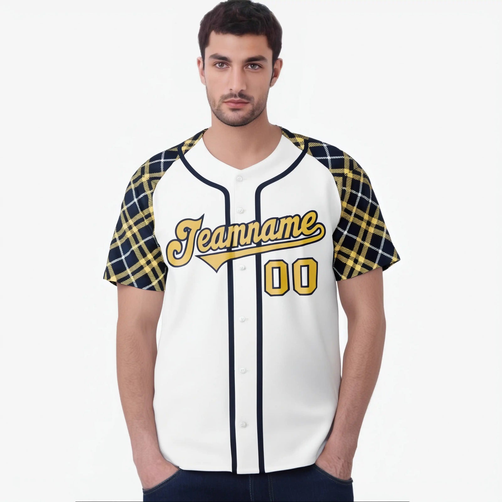 Custom White Yellow-Navy Authentic Plaid sleeve Baseball Jersey