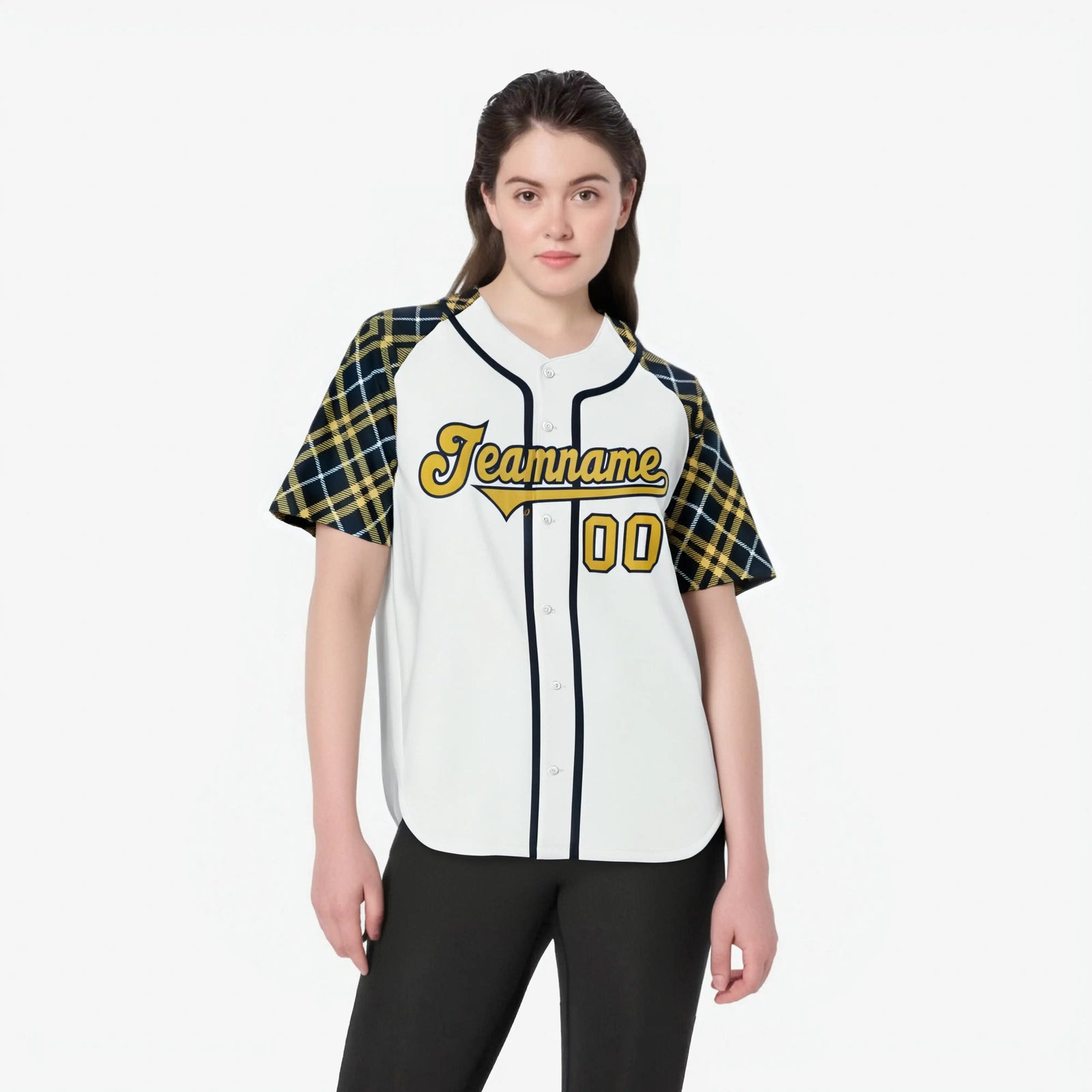 Custom White Yellow-Navy Authentic Plaid sleeve Baseball Jersey