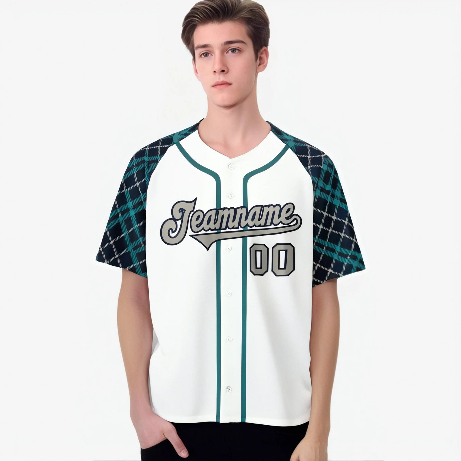 Custom White Greem-Gray Authentic Plaid sleeve Baseball Jersey