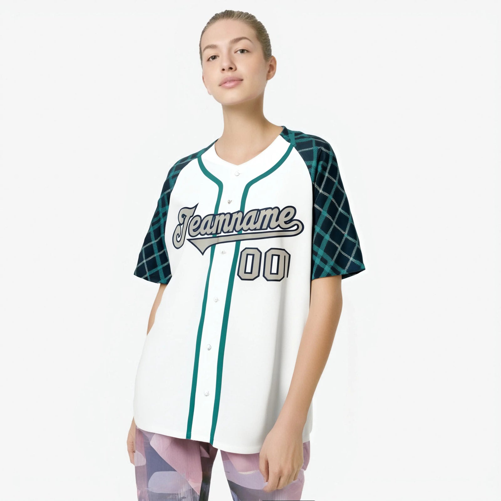 Custom White Greem-Gray Authentic Plaid sleeve Baseball Jersey