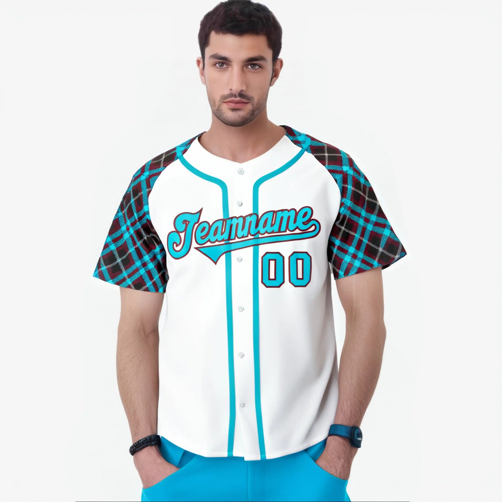Custom White Blue-Brown Authentic Plaid sleeve Baseball Jersey