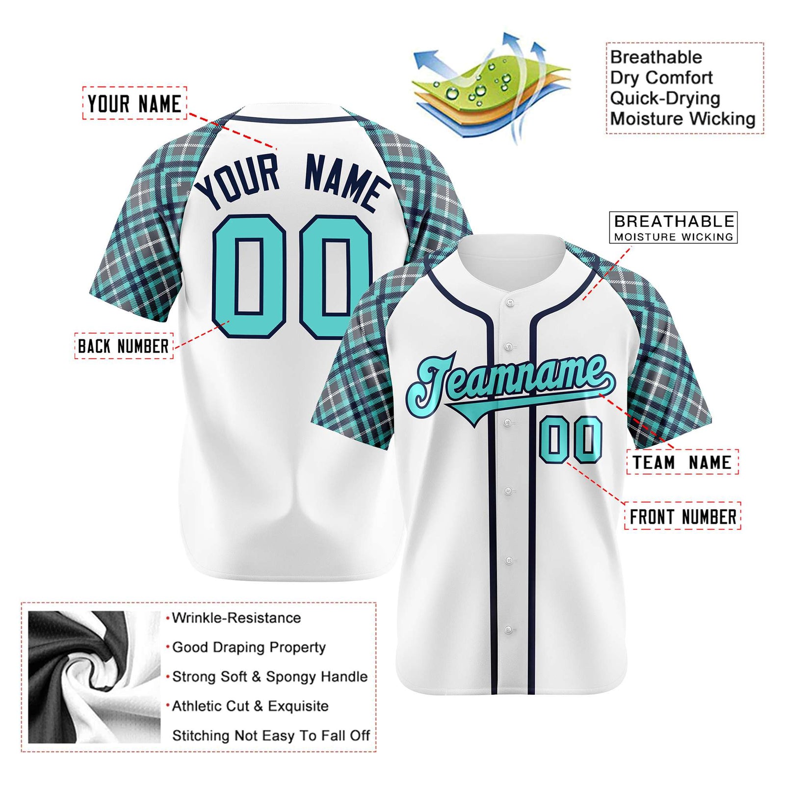 Custom White Light-Blue Navy Authentic Plaid sleeve Baseball Jersey
