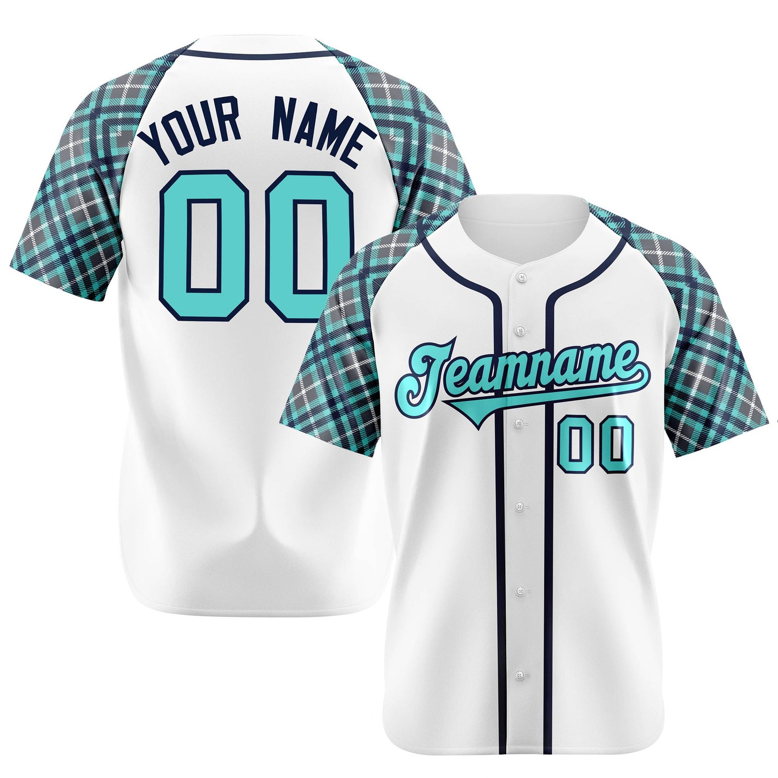 Custom White Light-Blue Navy Authentic Plaid sleeve Baseball Jersey