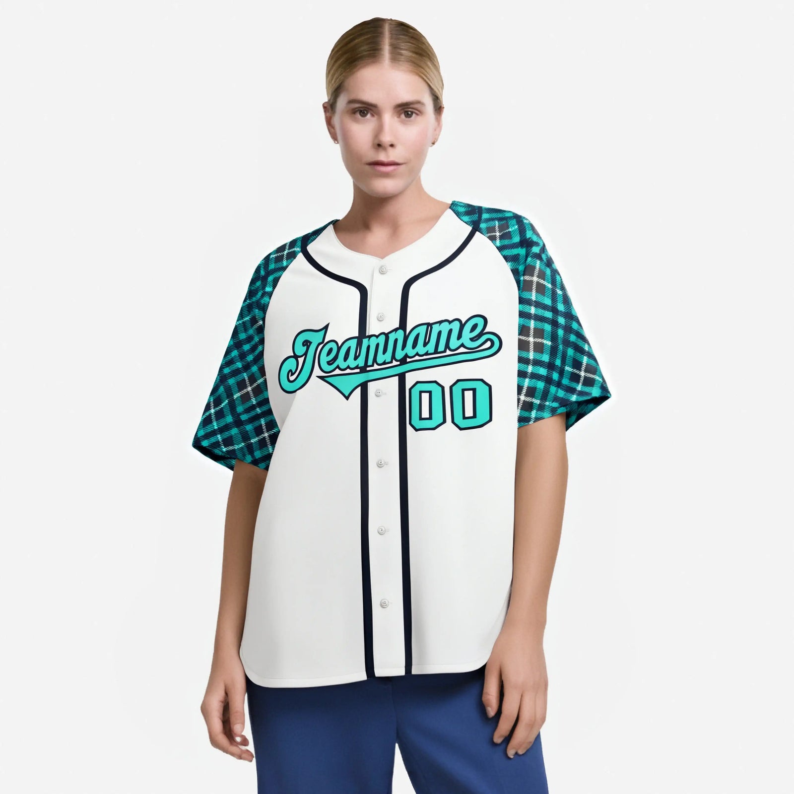 Custom White Light-Blue Navy Authentic Plaid sleeve Baseball Jersey