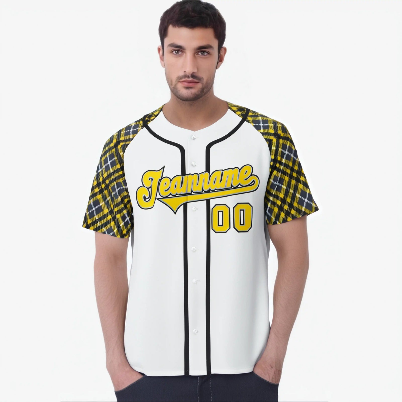 Custom White Yellow-Black Authentic Plaid sleeve Baseball Jersey