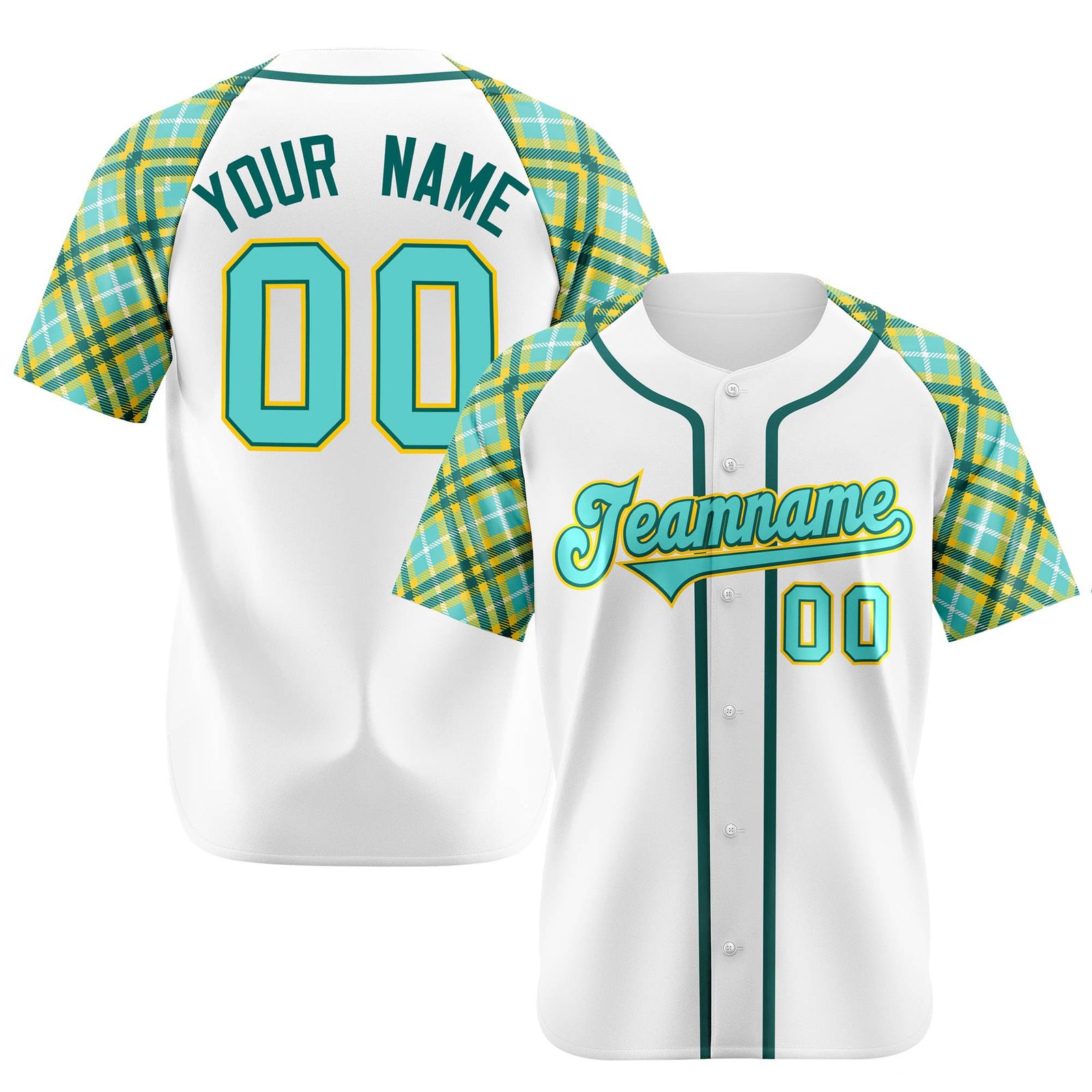 Custom White Light-Blue Yellow Authentic Plaid sleeve Baseball Jersey