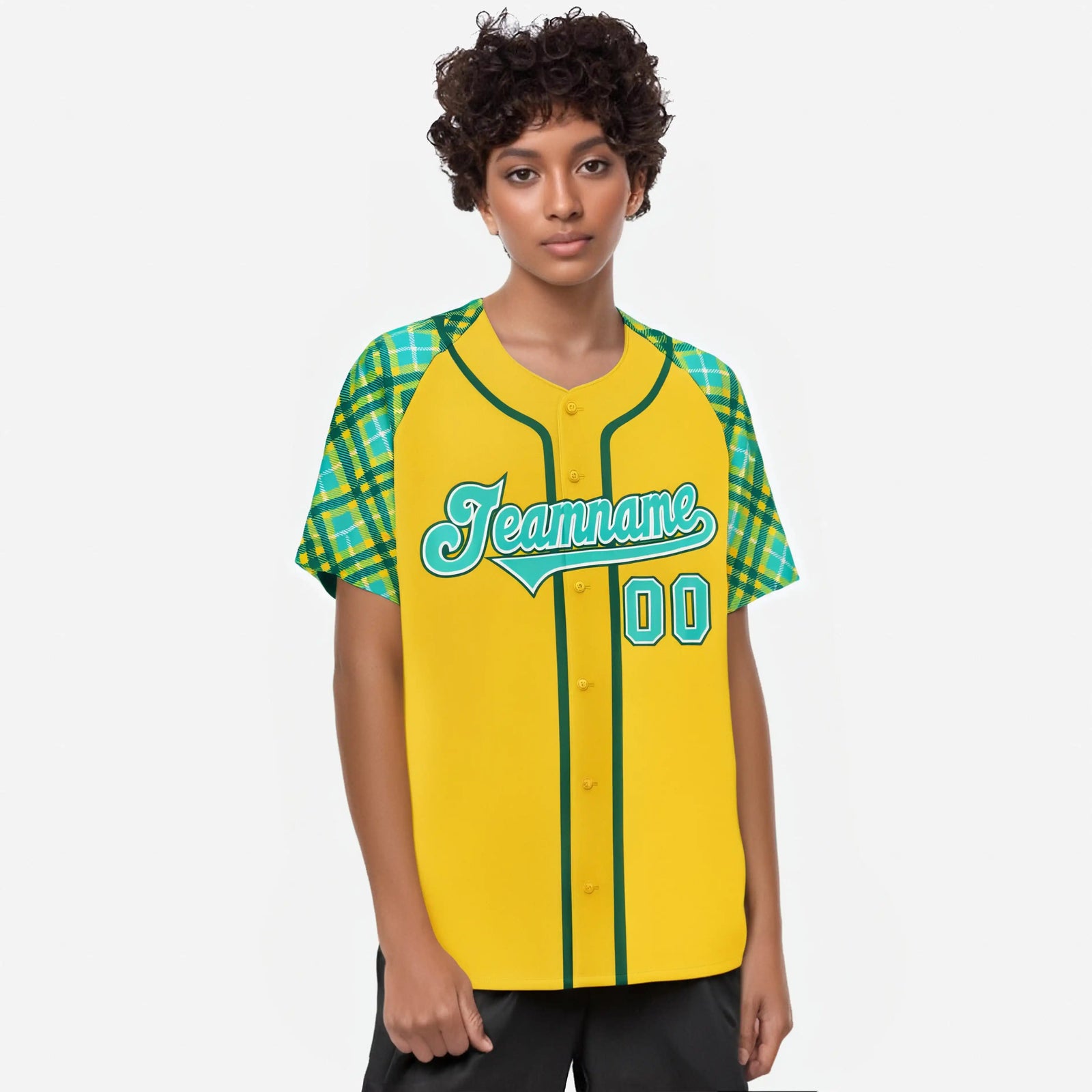 Custom Yellow Light-Blue Aqua Authentic Plaid sleeve Baseball Jersey