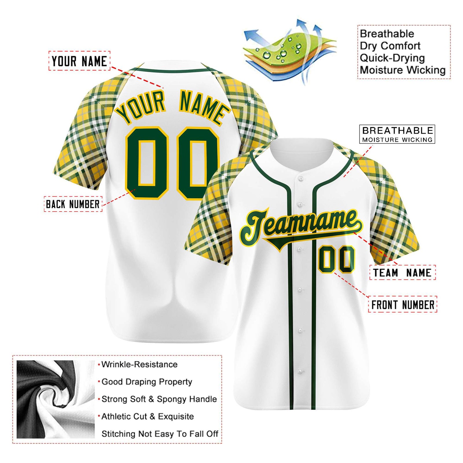 Custom White Yellow Kelly-Green Authentic Plaid sleeve Baseball Jersey