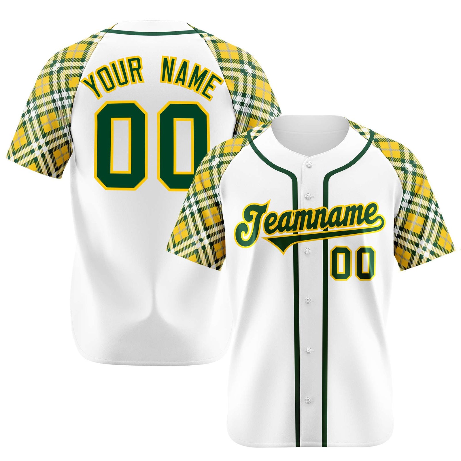Custom White Yellow Kelly-Green Authentic Plaid sleeve Baseball Jersey
