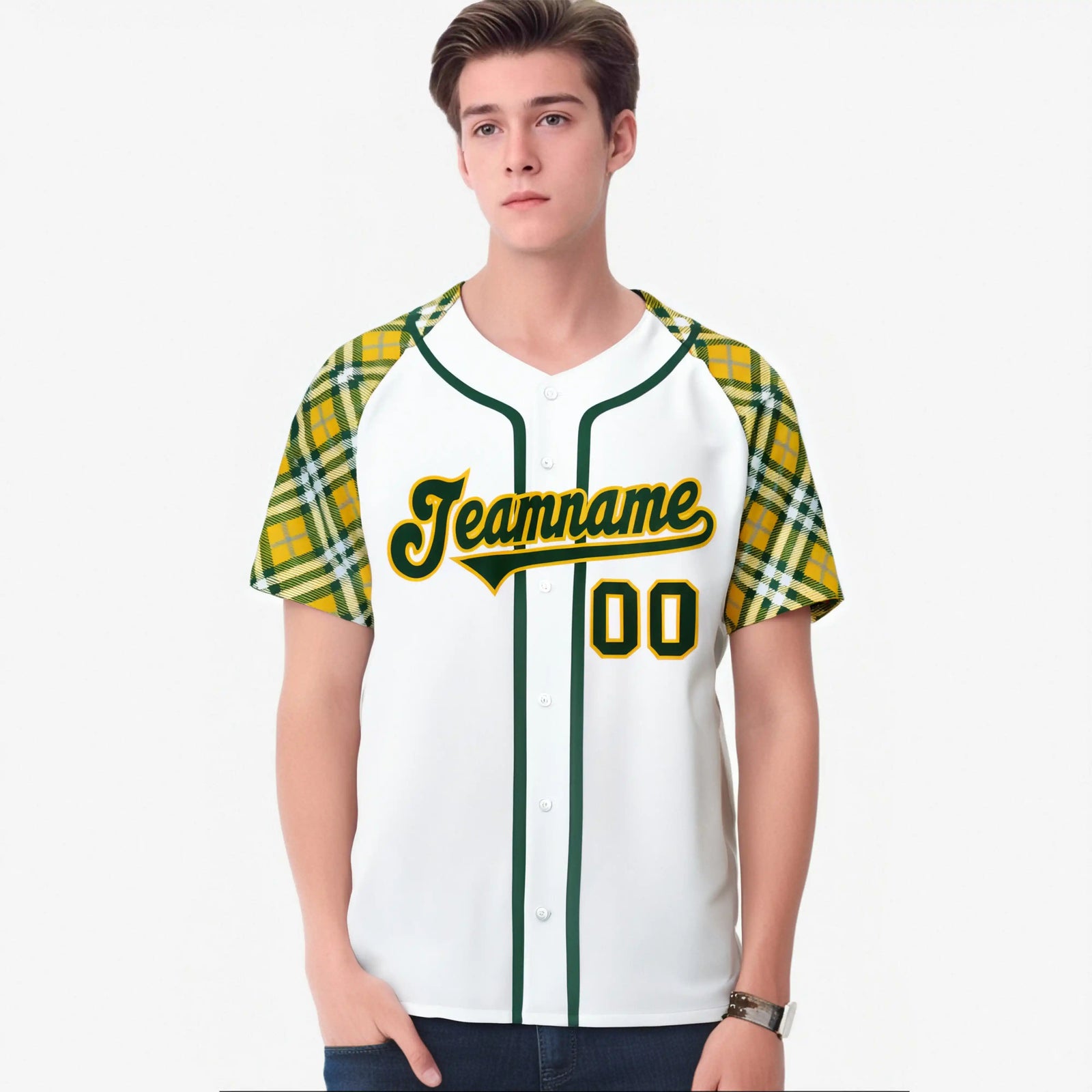 Custom White Yellow Kelly-Green Authentic Plaid sleeve Baseball Jersey