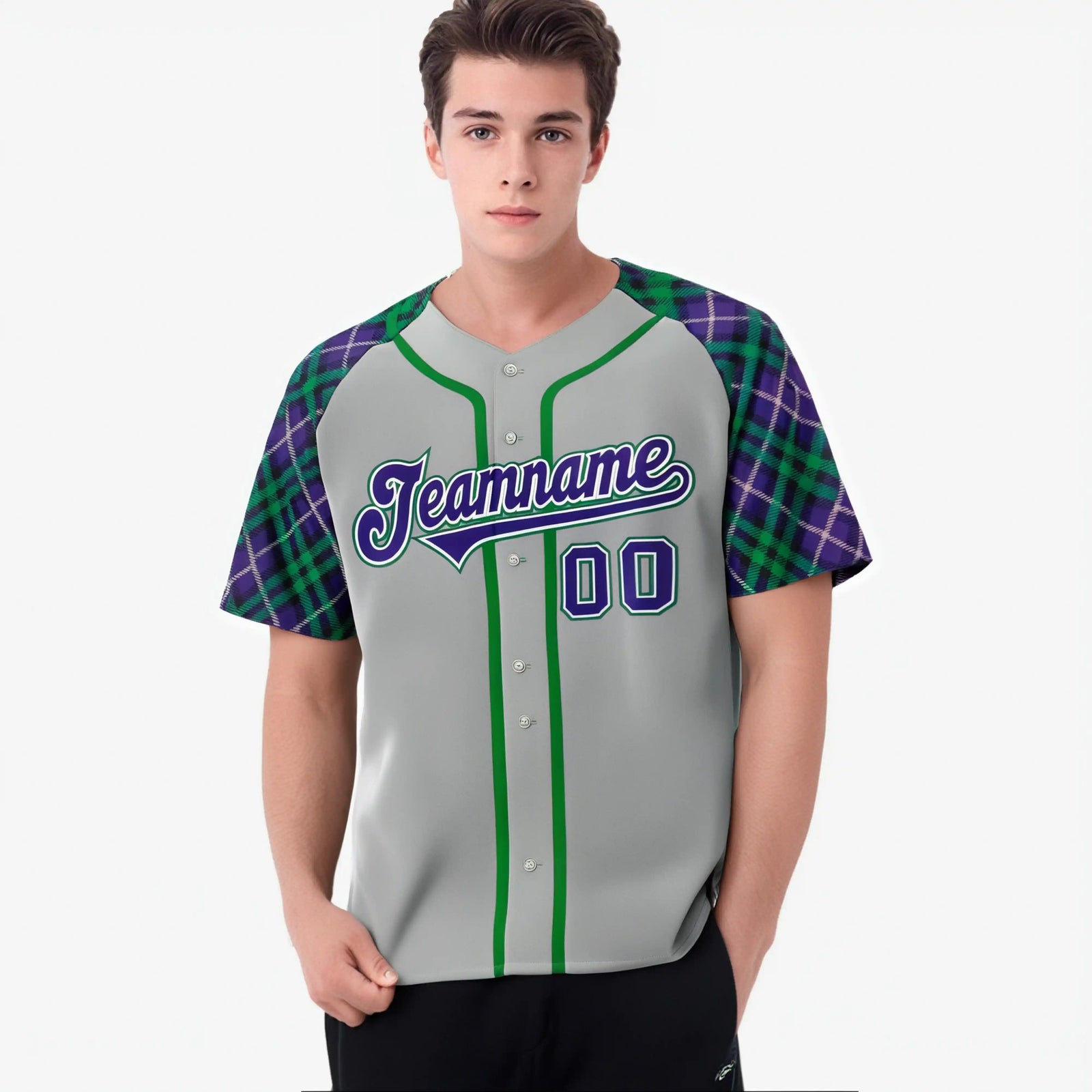 Custom Gray Purple-Green Authentic Plaid sleeve Baseball Jersey