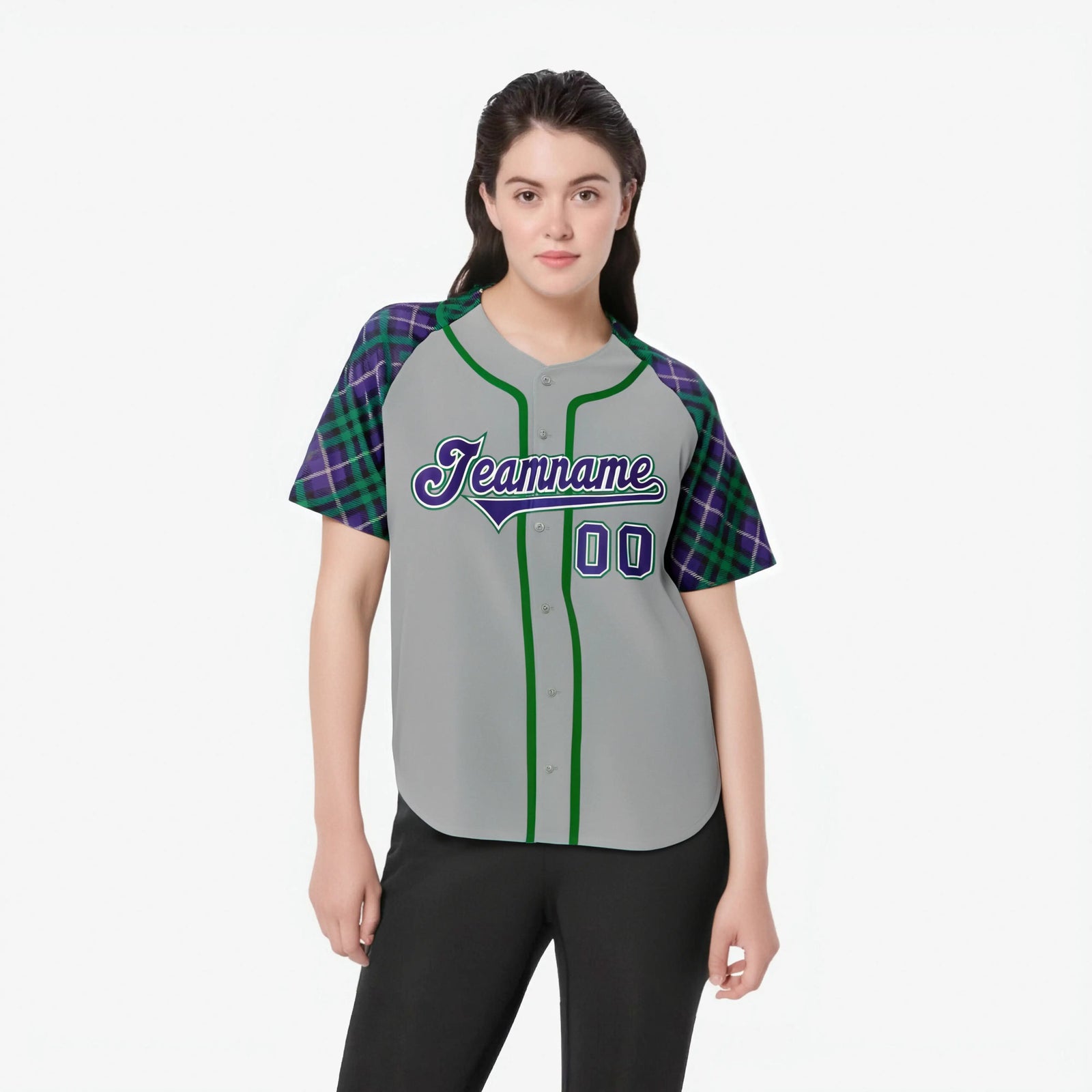 Custom Gray Purple-Green Authentic Plaid sleeve Baseball Jersey
