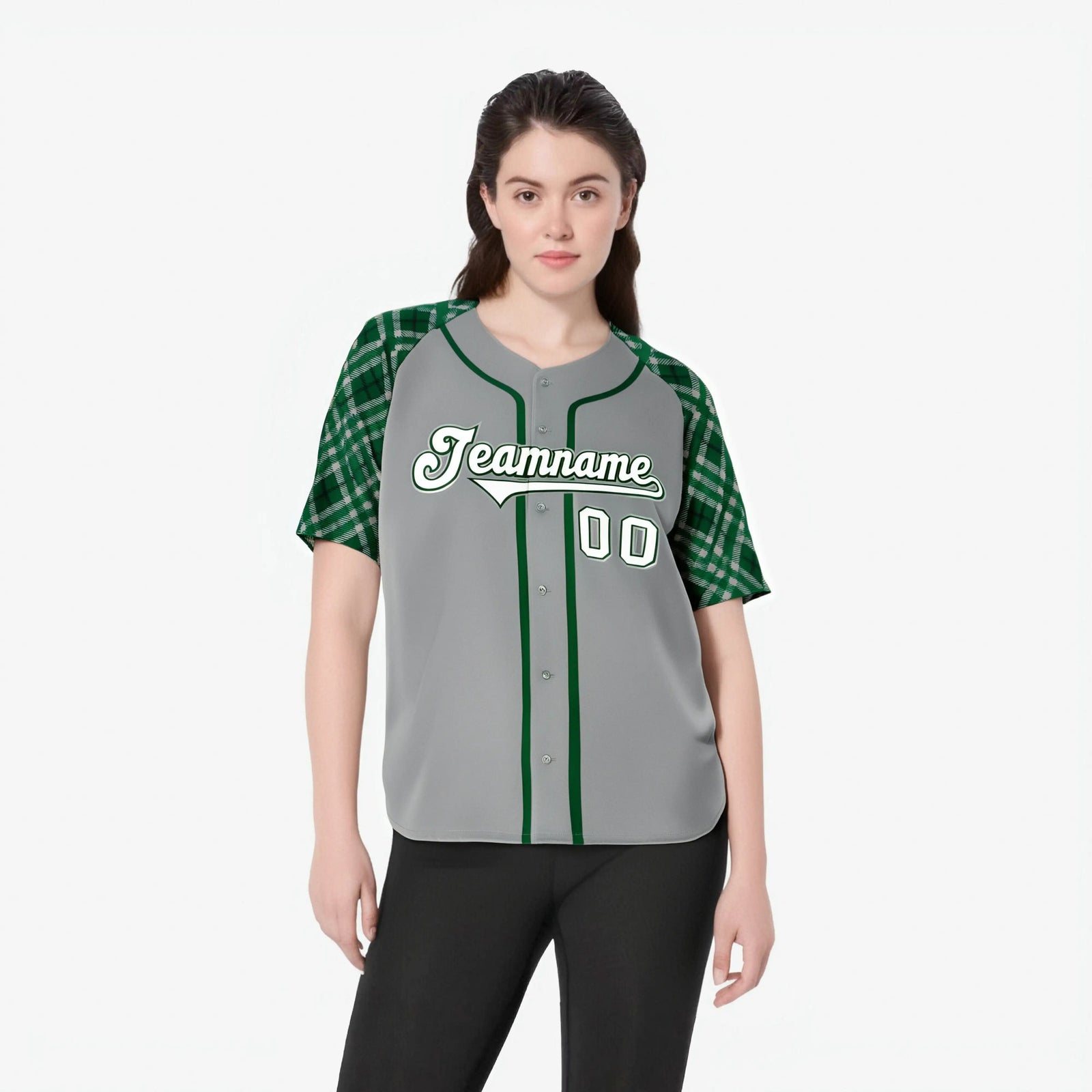 Custom Gray Green-White Authentic Plaid sleeve Baseball Jersey