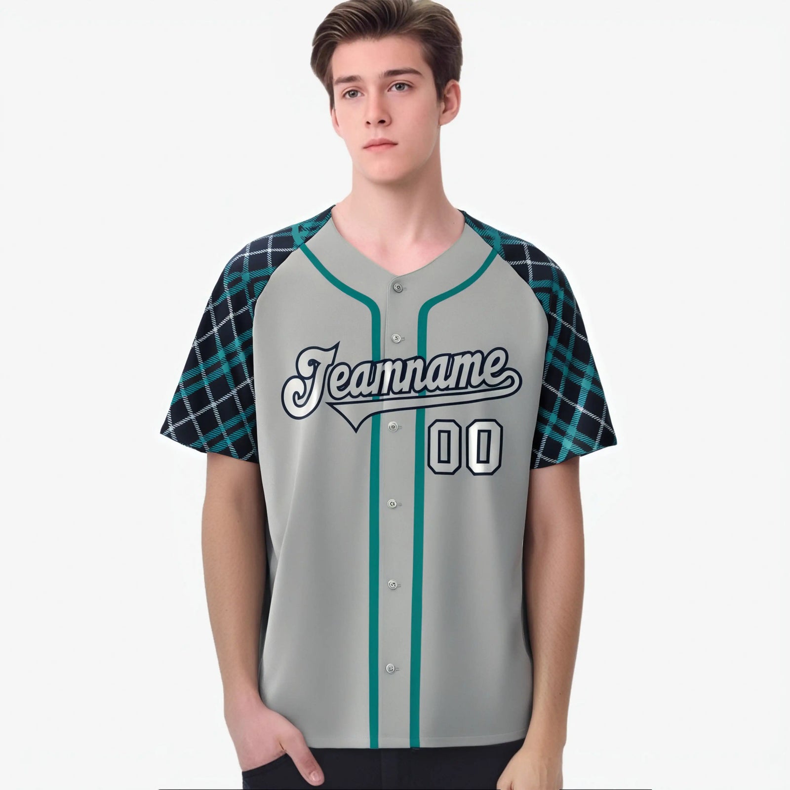 Custom Gray Green-Navy Authentic Plaid sleeve Baseball Jersey