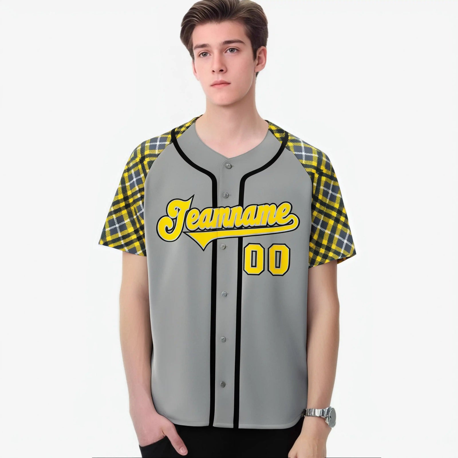 Custom Gray Yellow-Black White Authentic Plaid sleeve Baseball Jersey