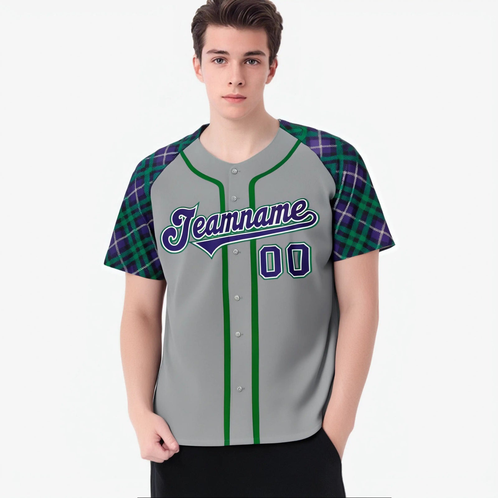 Custom Gray Purple-Green White Authentic Plaid sleeve Baseball Jersey