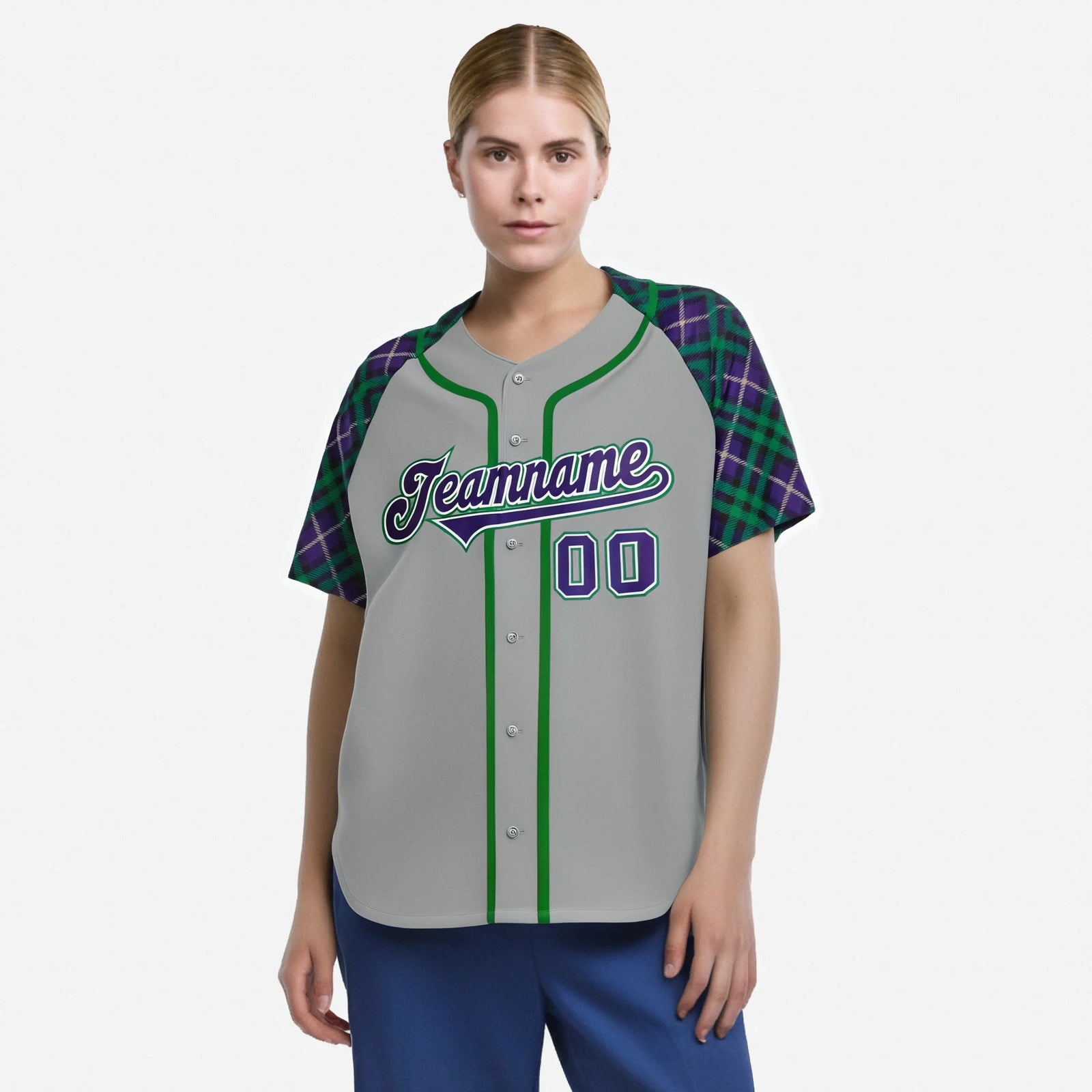 Custom Gray Purple-Green White Authentic Plaid sleeve Baseball Jersey