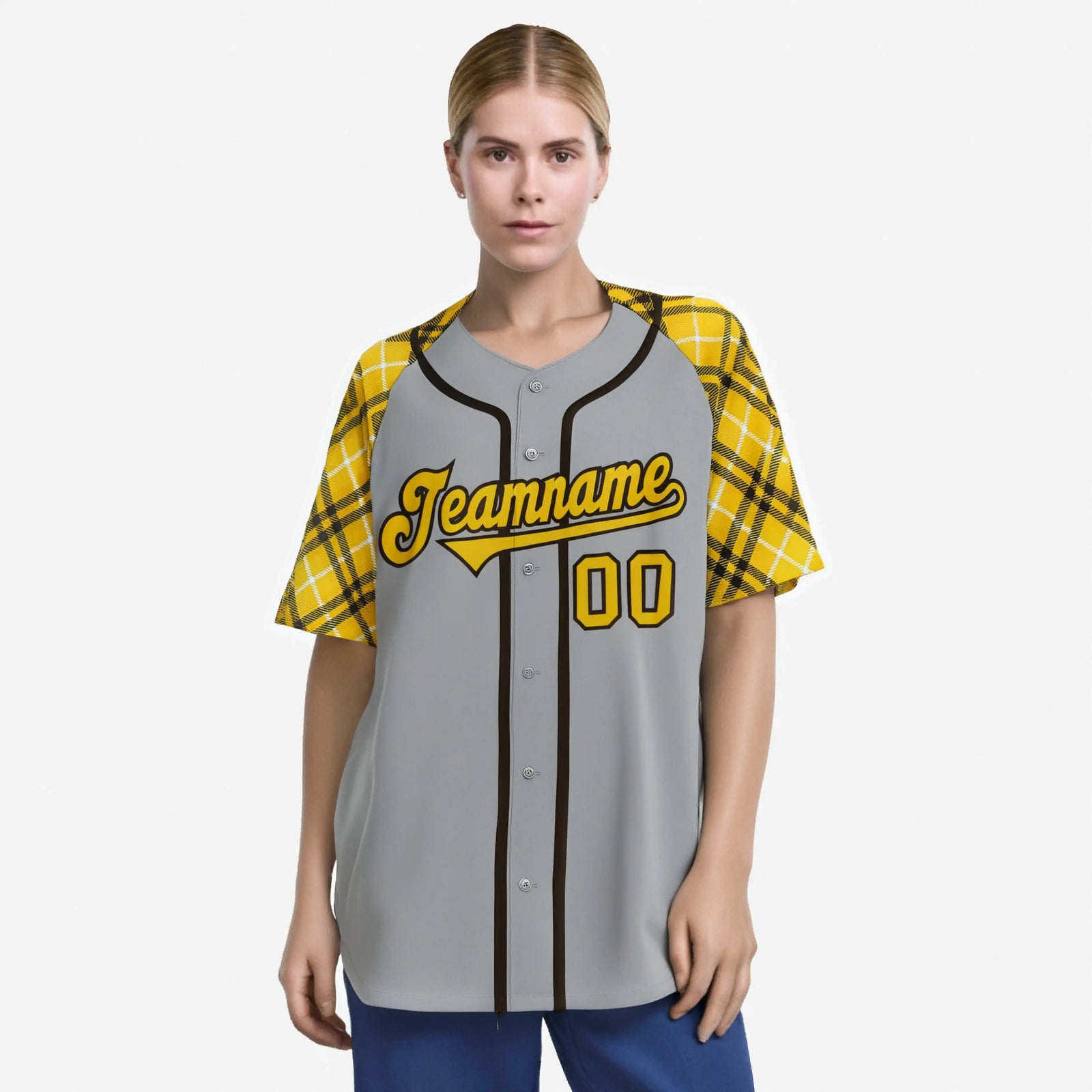 Custom Gray Yellow-Black Authentic Plaid sleeve Baseball Jersey