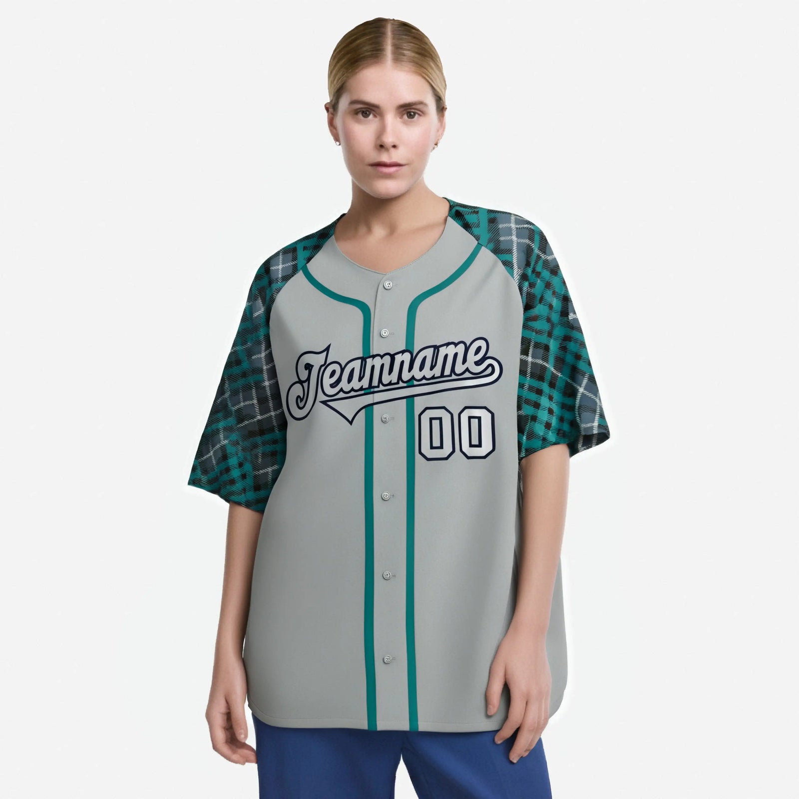 Custom Gray Midnight-Green Navy Authentic Plaid sleeve Baseball Jersey