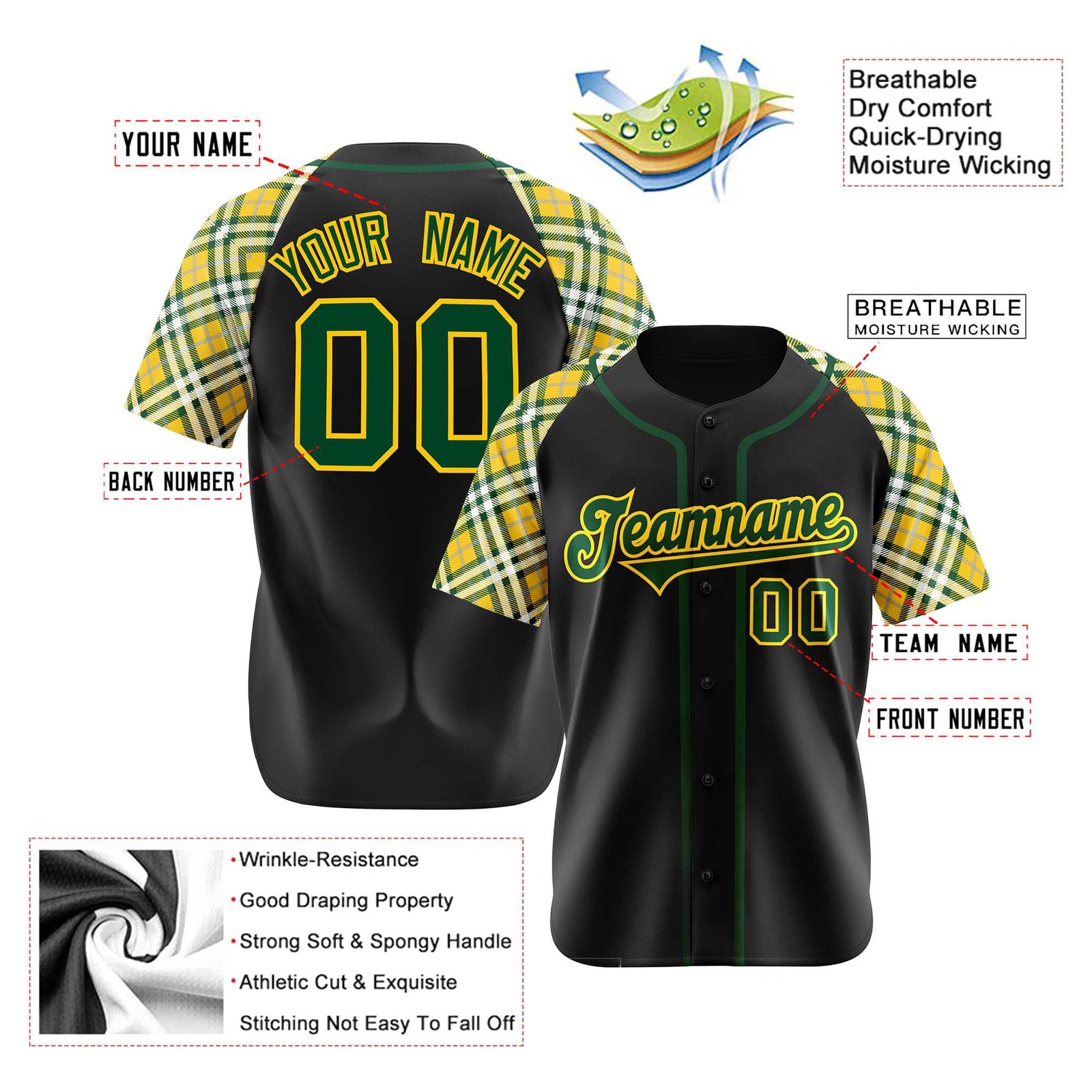 Custom Black Yellow Midnight-Green Authentic Plaid sleeve Baseball Jersey