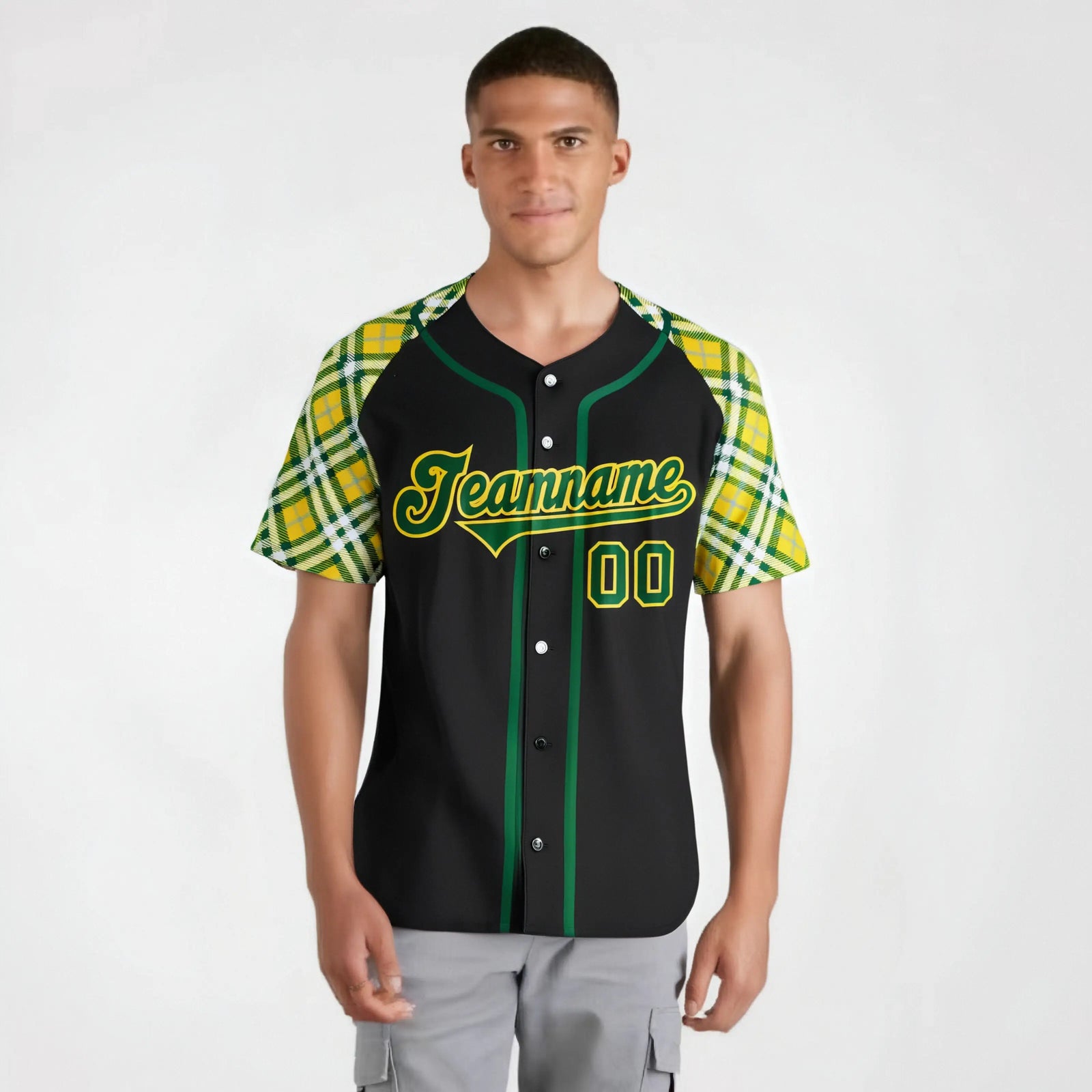 Custom Black Yellow Midnight-Green Authentic Plaid sleeve Baseball Jersey