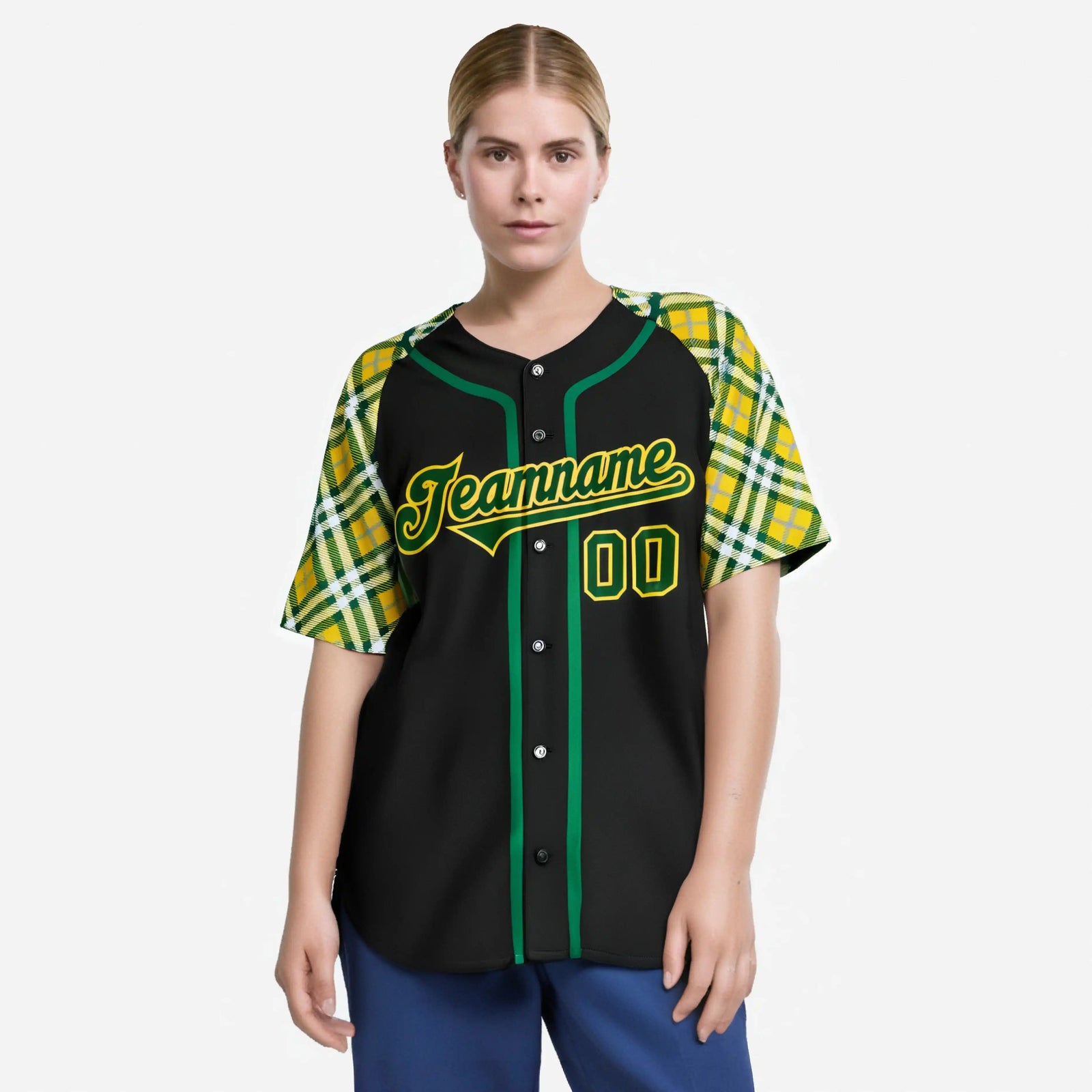 Custom Black Yellow Midnight-Green Authentic Plaid sleeve Baseball Jersey