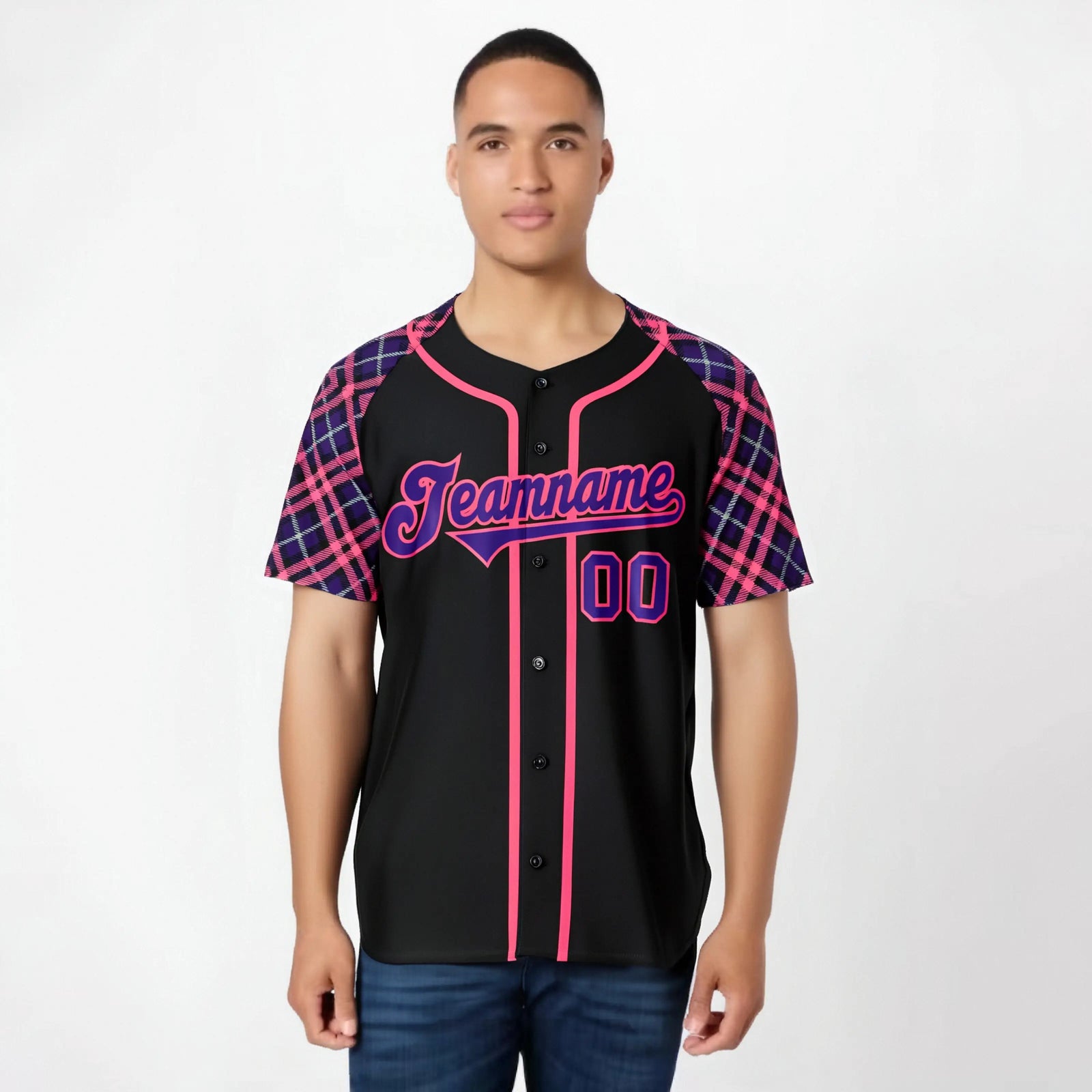 Custom Black Purple-Pink Authentic Plaid sleeve Baseball Jersey