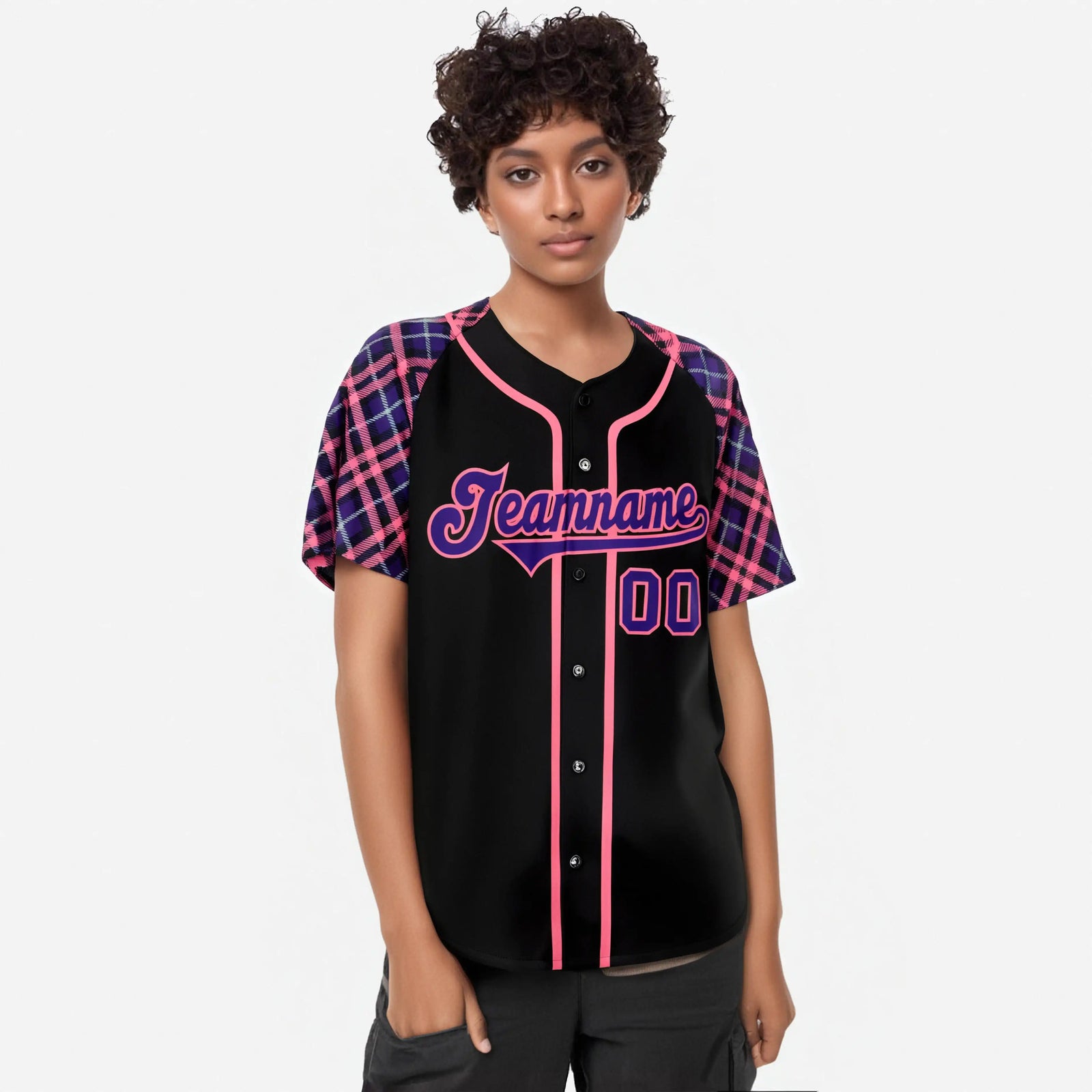 Custom Black Purple-Pink Authentic Plaid sleeve Baseball Jersey