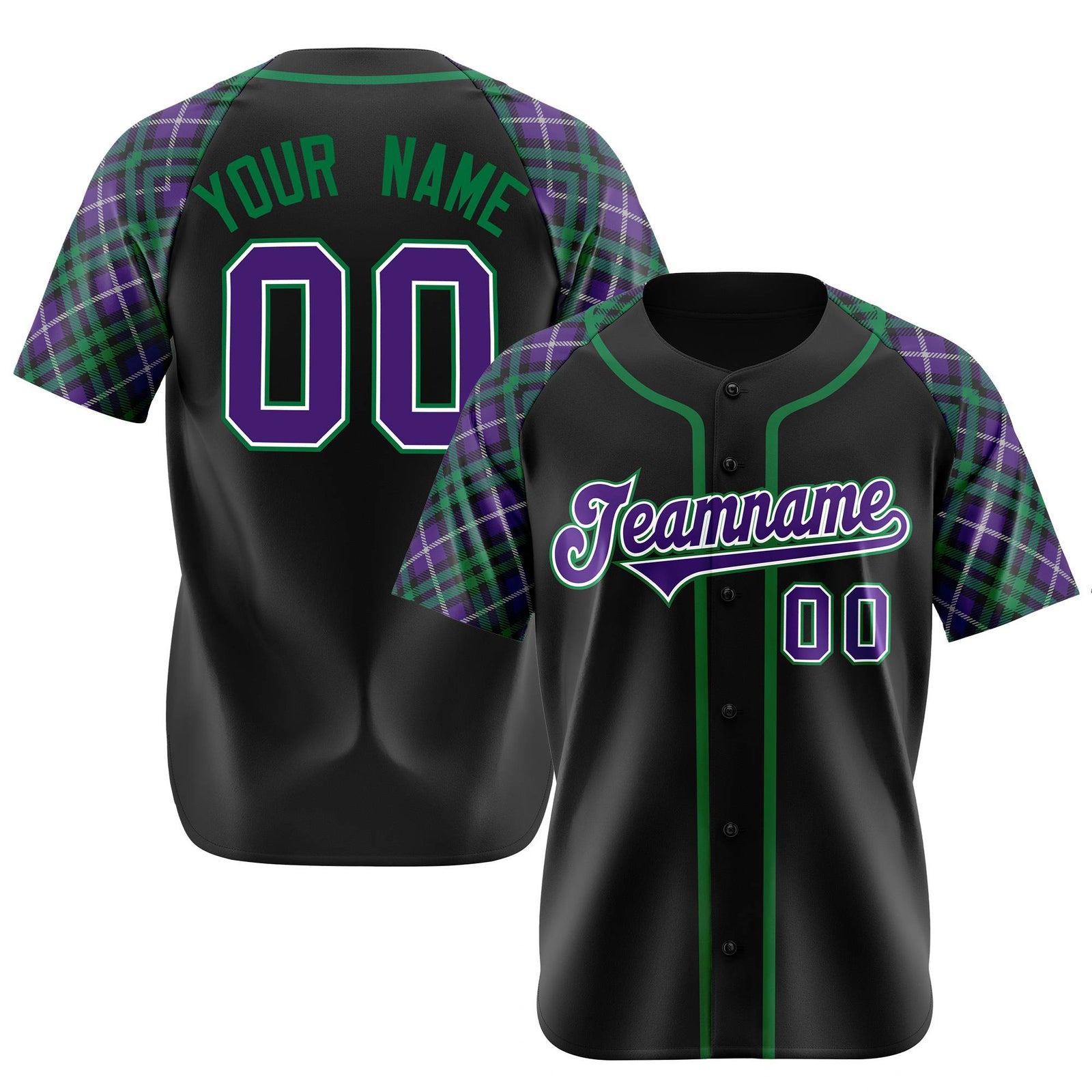 Custom Black Purple-Green Authentic Plaid sleeve Baseball Jersey