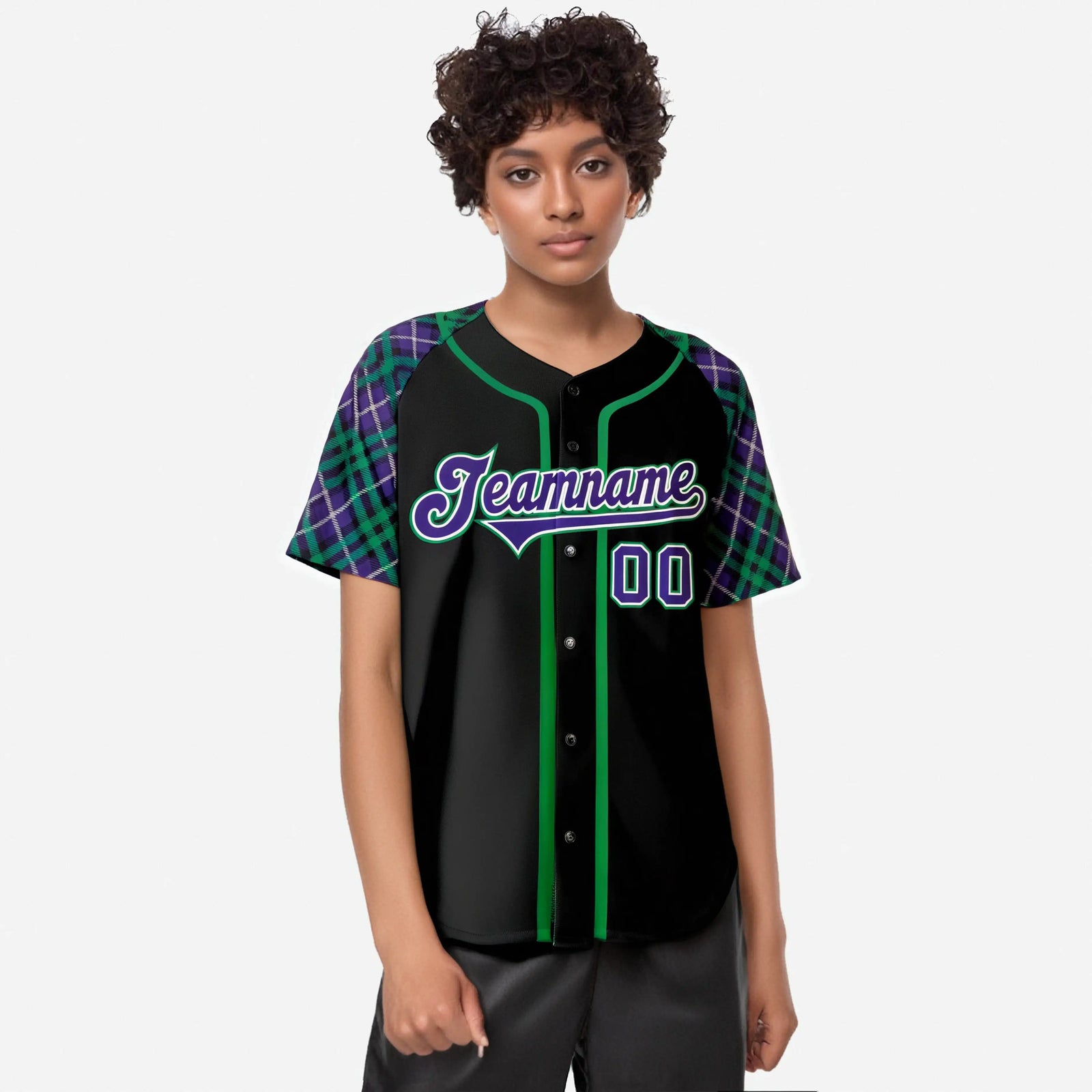 Custom Black Purple-Green Authentic Plaid sleeve Baseball Jersey