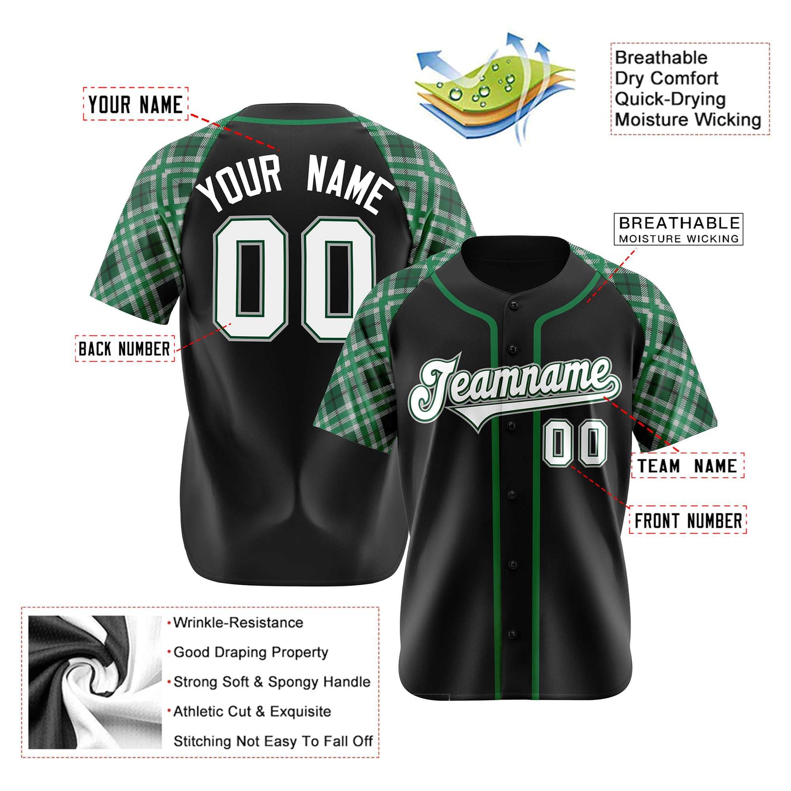Custom Black Kelly-Green White Authentic Plaid sleeve Baseball Jersey