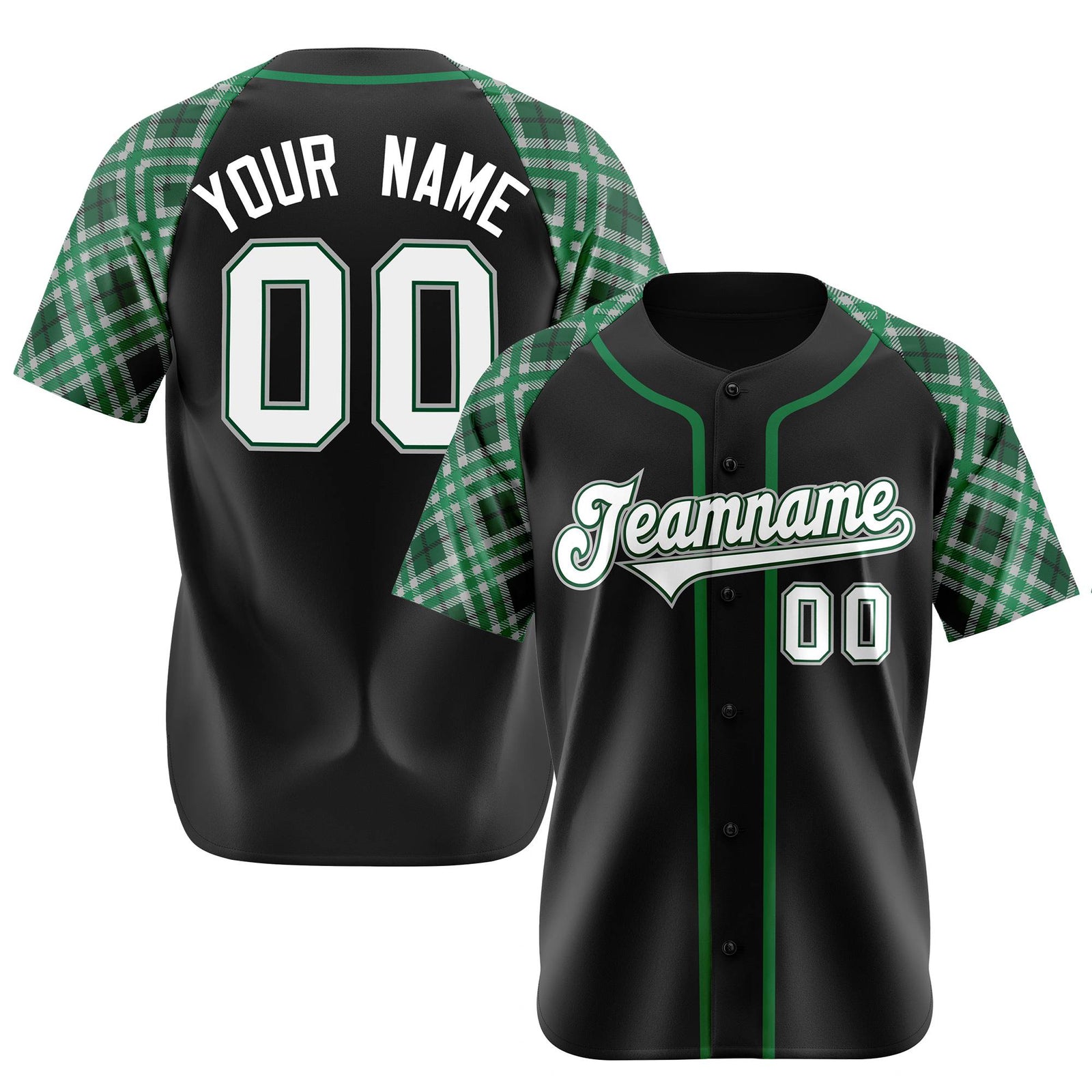 Custom Black Kelly-Green White Authentic Plaid sleeve Baseball Jersey