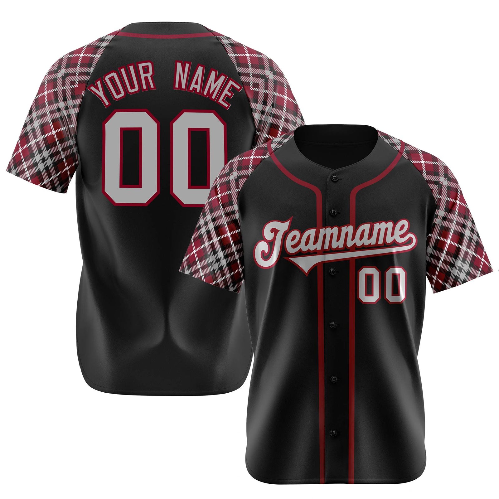 Custom Black Crimson-Gray Authentic Plaid sleeve Baseball Jersey