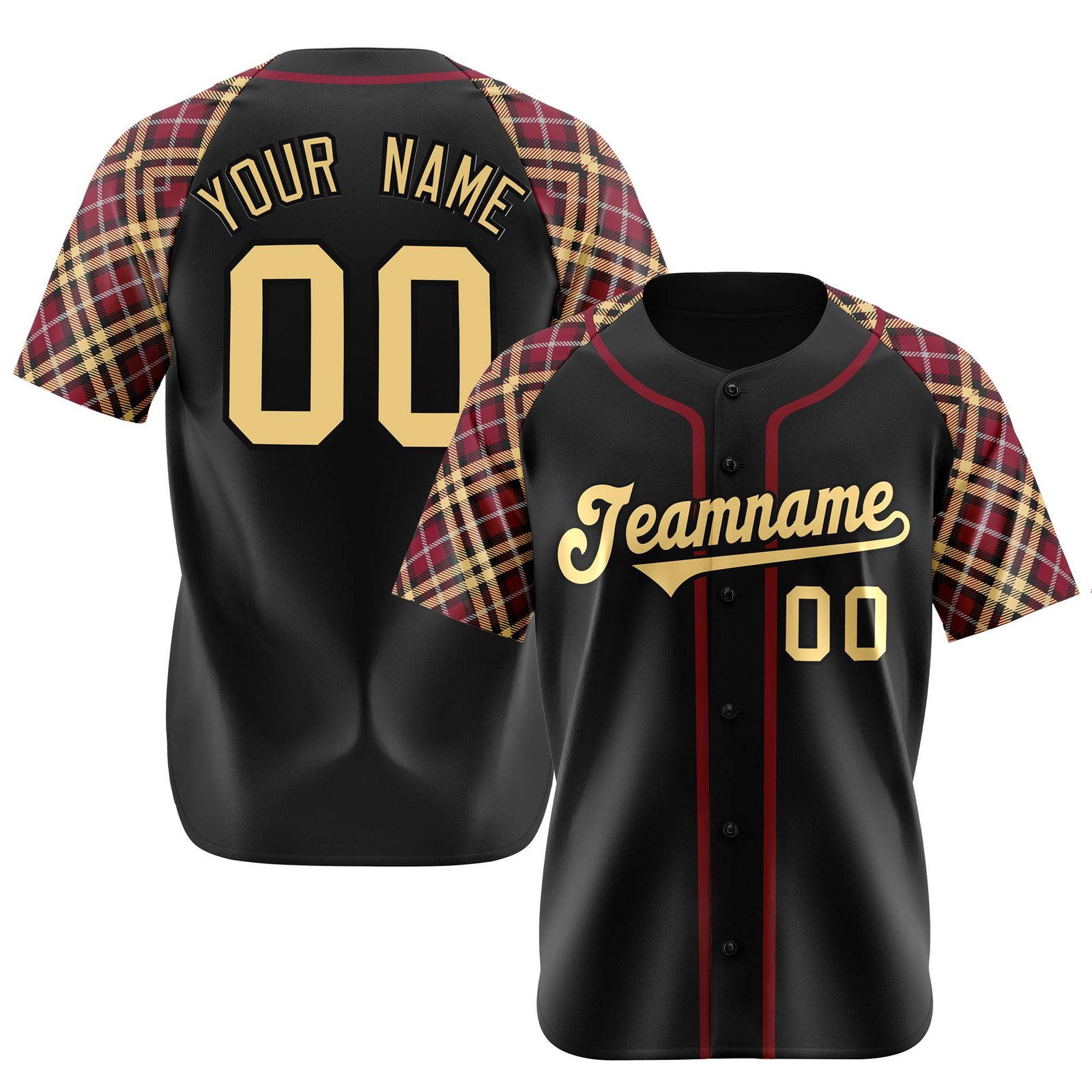 Custom Black Crimson Old-Gold Authentic Plaid sleeve Baseball Jersey