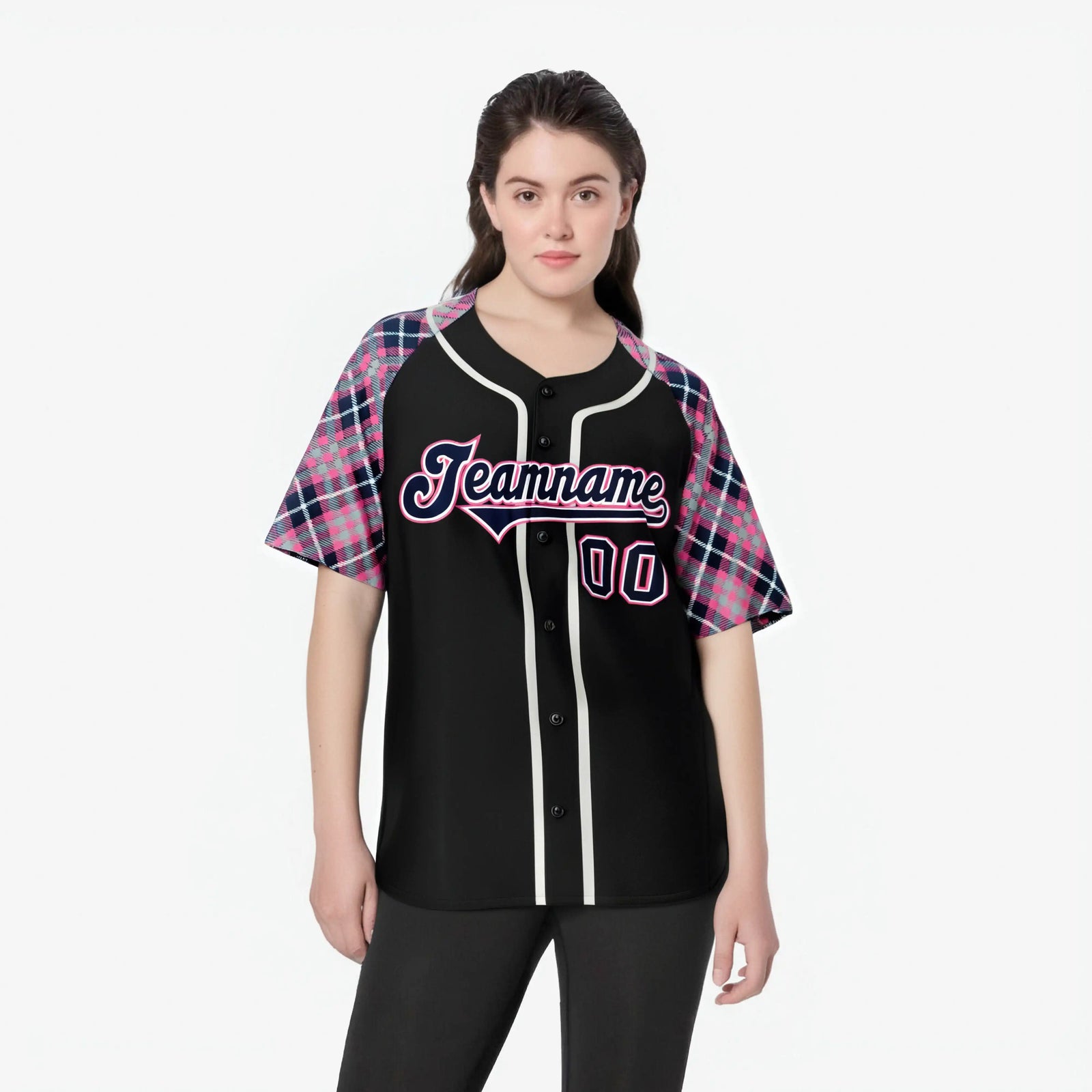 Custom Black Pink-Navy White Authentic Plaid sleeve Baseball Jersey